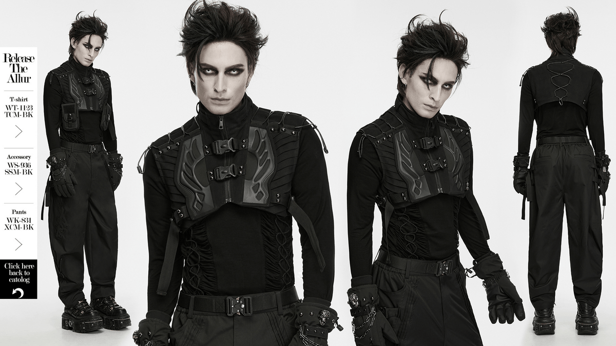 Men's Cropped High Collar Vest with Buckles and Panels, black techwear vest with armor-inspired front and back lacing