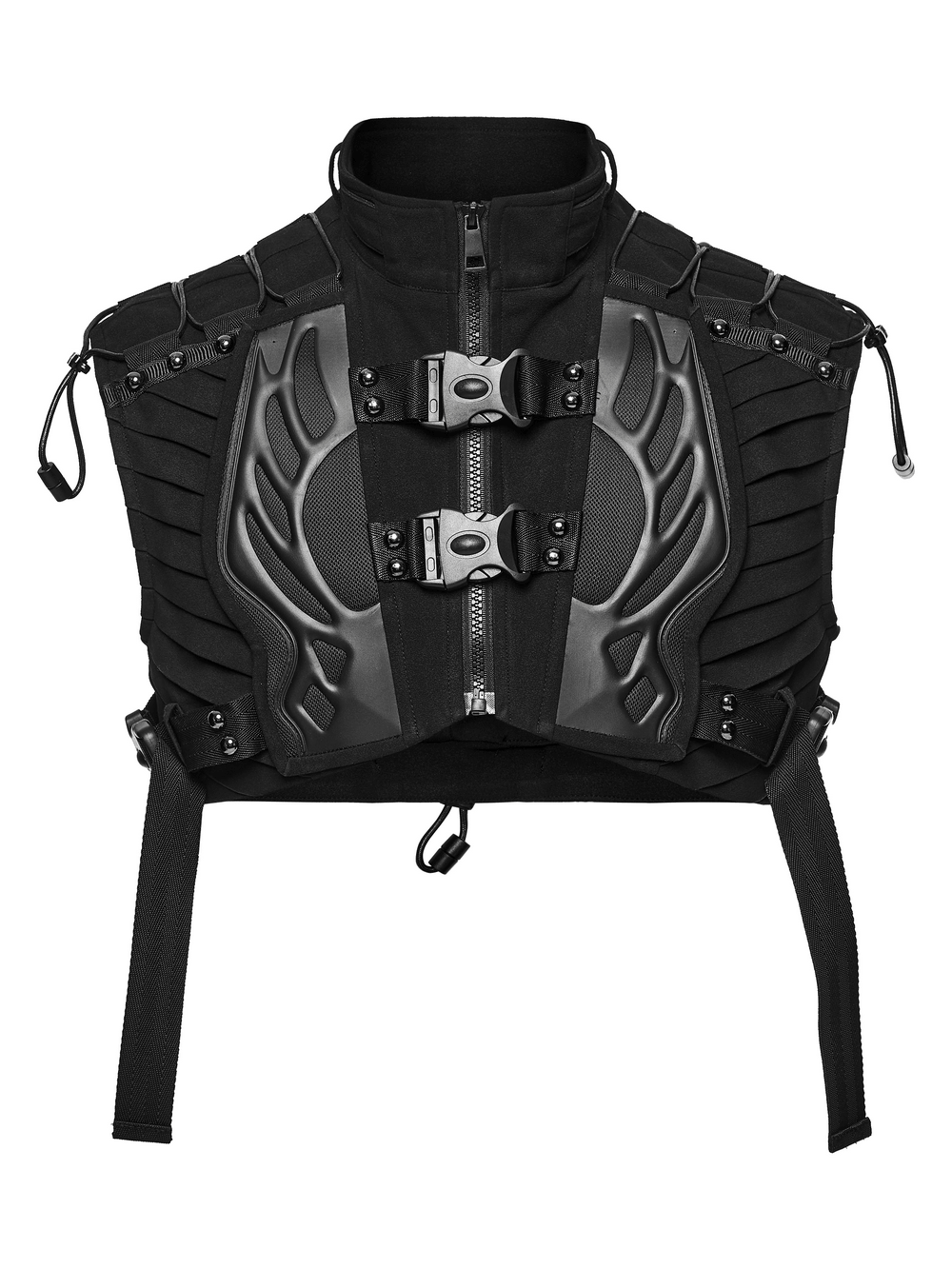 Men's Cropped High Collar Vest with Buckles and Panels, black techwear vest with armor-style panels and buckles