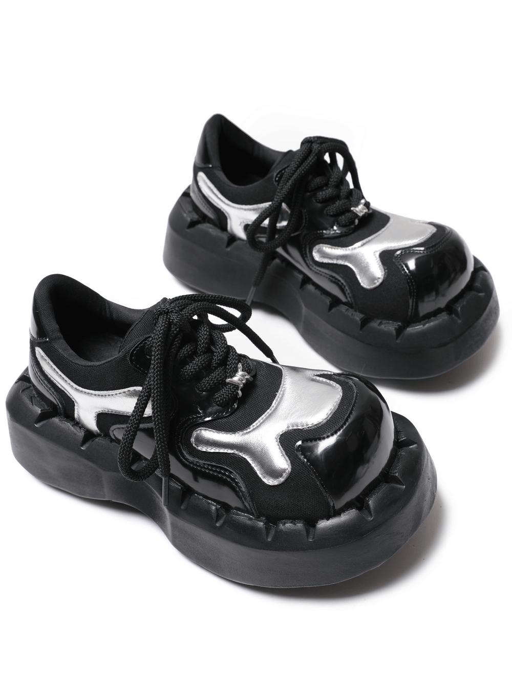Men's Cyber Goth Platform Sneakers with Silver Panels, black chunky lace-up trainers with glossy punk style