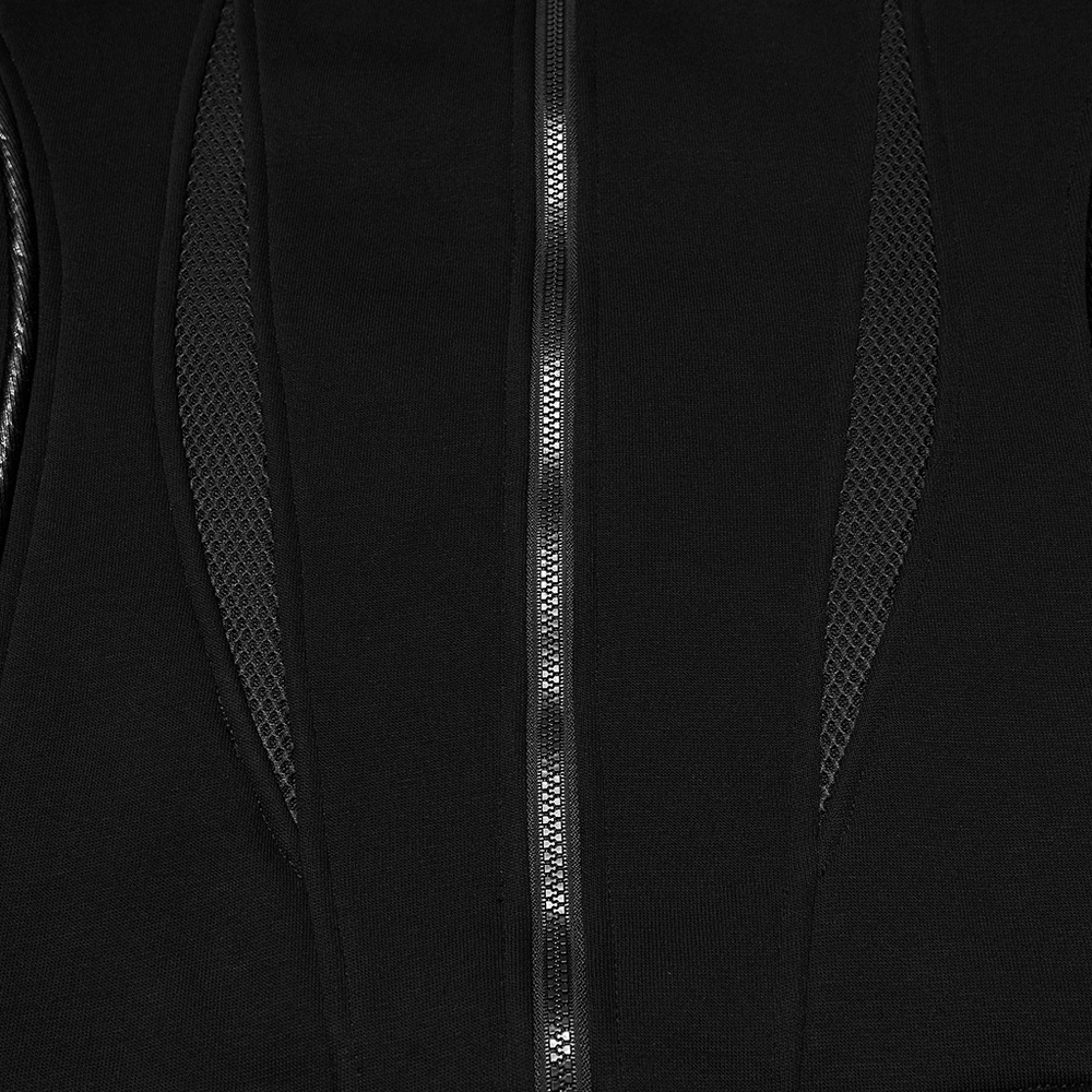 Men's Cyberpunk Fleece and Mesh Jacket with Panel Details showing spliced panels and sleek zipper design.