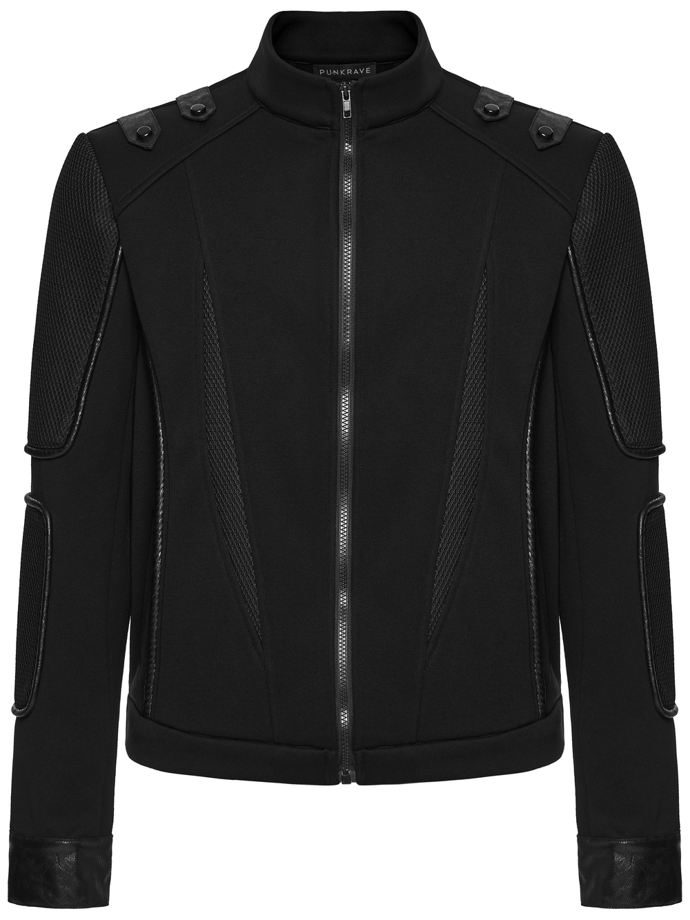 Men's Cyberpunk Fleece and Mesh Jacket with Panel Details featuring spliced panels and futuristic styling.