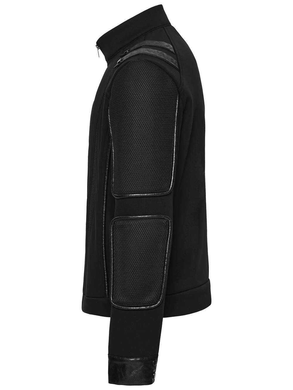 Men's Cyberpunk Fleece and Mesh Jacket with Panel Details side view showcasing spliced fabric and modern panel design.