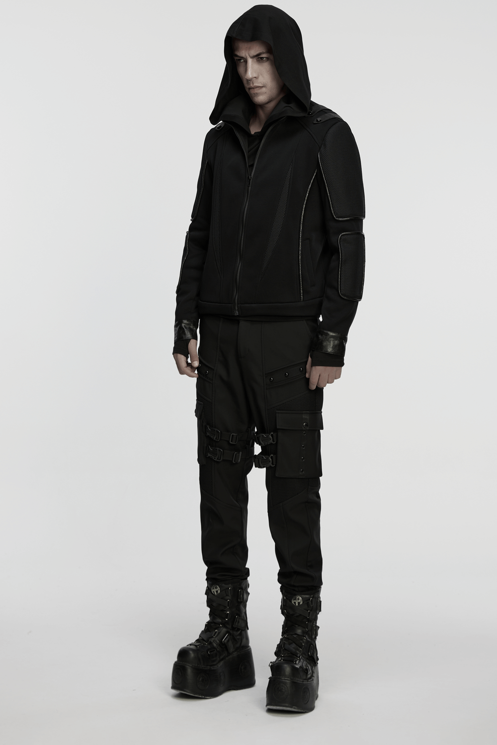 Men's Cyberpunk Fleece and Mesh Jacket with Panel Details worn by a model in a futuristic outfit.