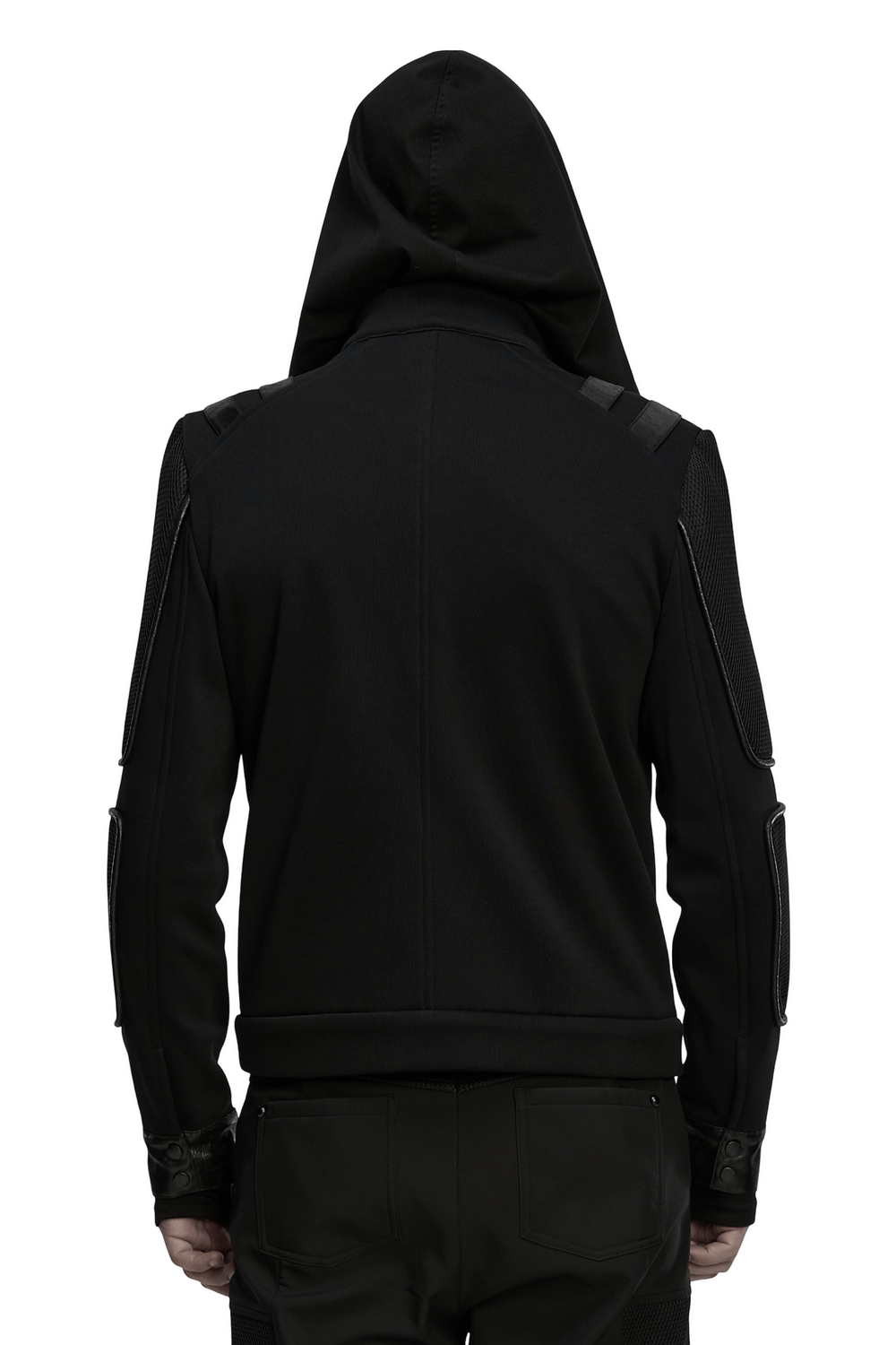 Men's Cyberpunk Fleece and Mesh Jacket with Panel Details seen from the back, showcasing hood and structural panel accents.