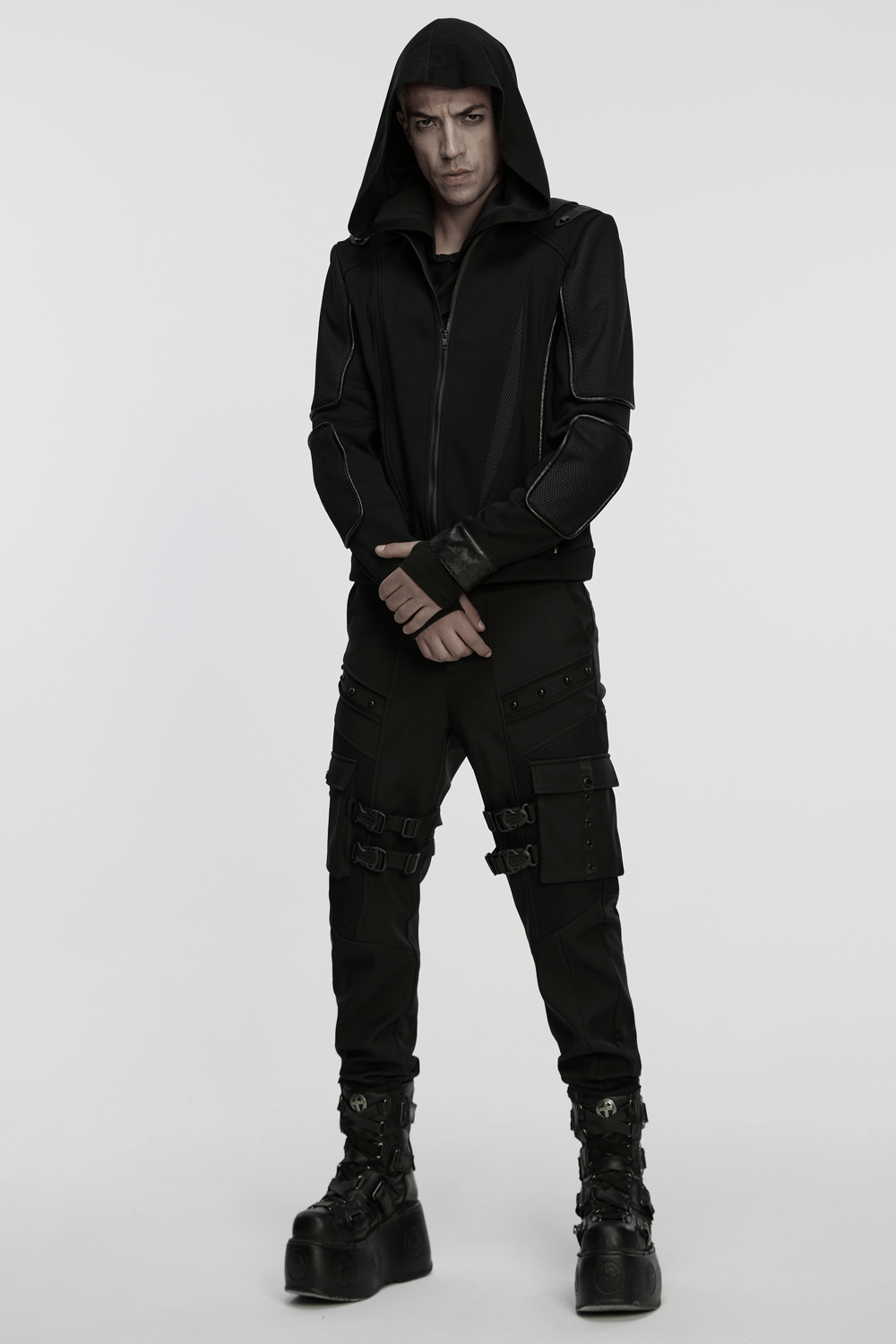 Men's Cyberpunk Fleece and Mesh Jacket with Panel Details worn by a model in a futuristic urban setting.