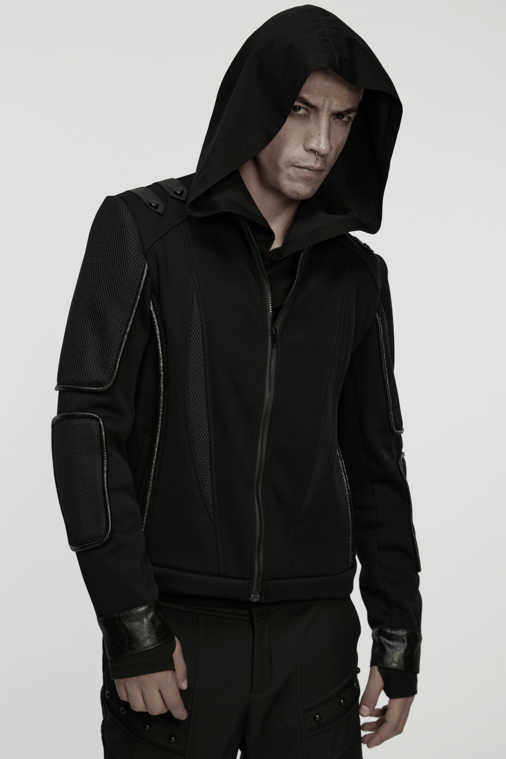 Men's Cyberpunk Fleece and Mesh Jacket with Panel Details featuring a hood and sleek structural design.