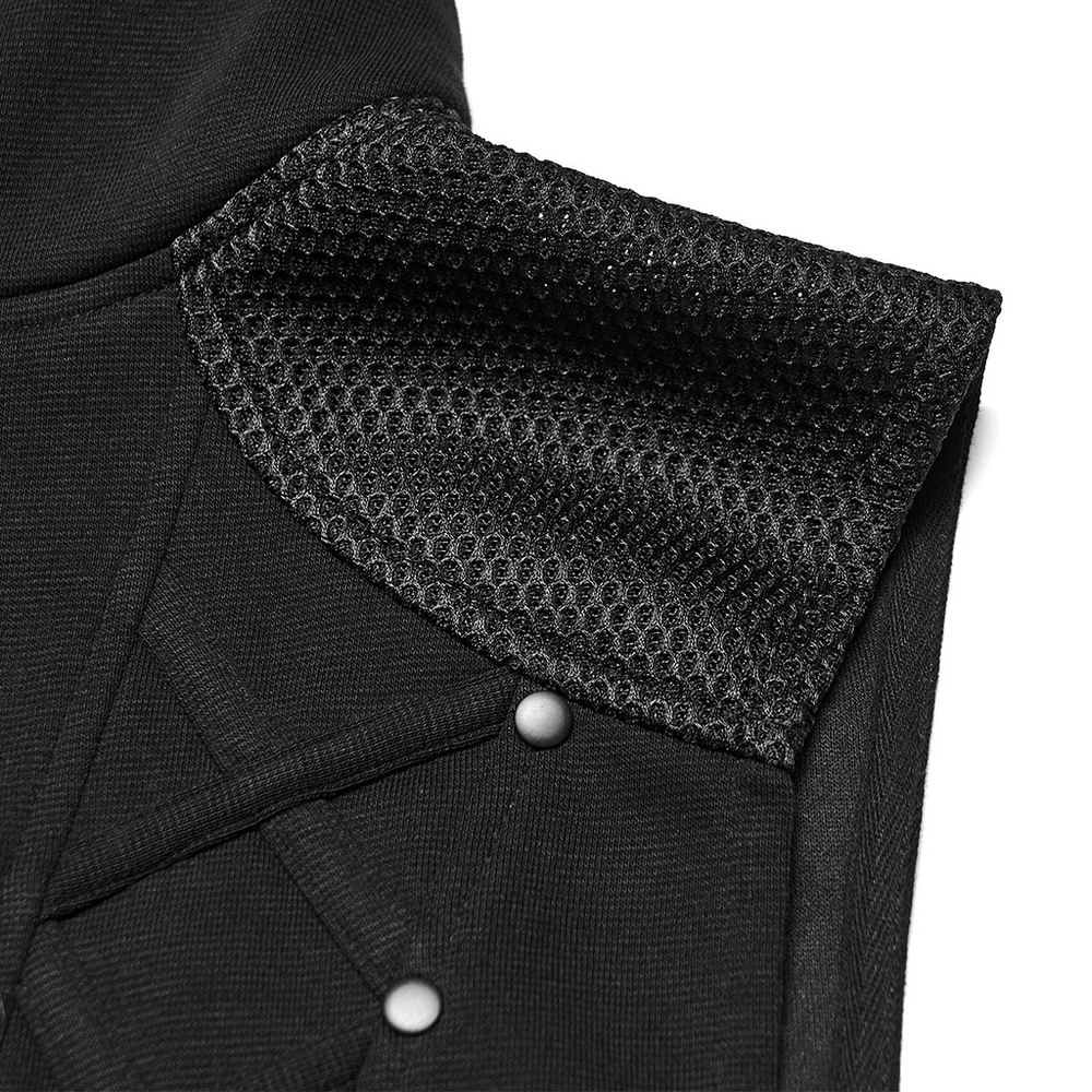 Close-up of the Men's Cyberpunk Hooded Mesh Vest with Spliced Panels showing layered mesh and structured fabric.