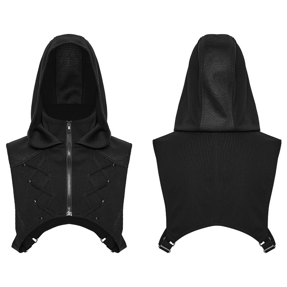 Men's Cyberpunk Hooded Mesh Vest with Spliced Panels showcasing unique design and modern aesthetic.