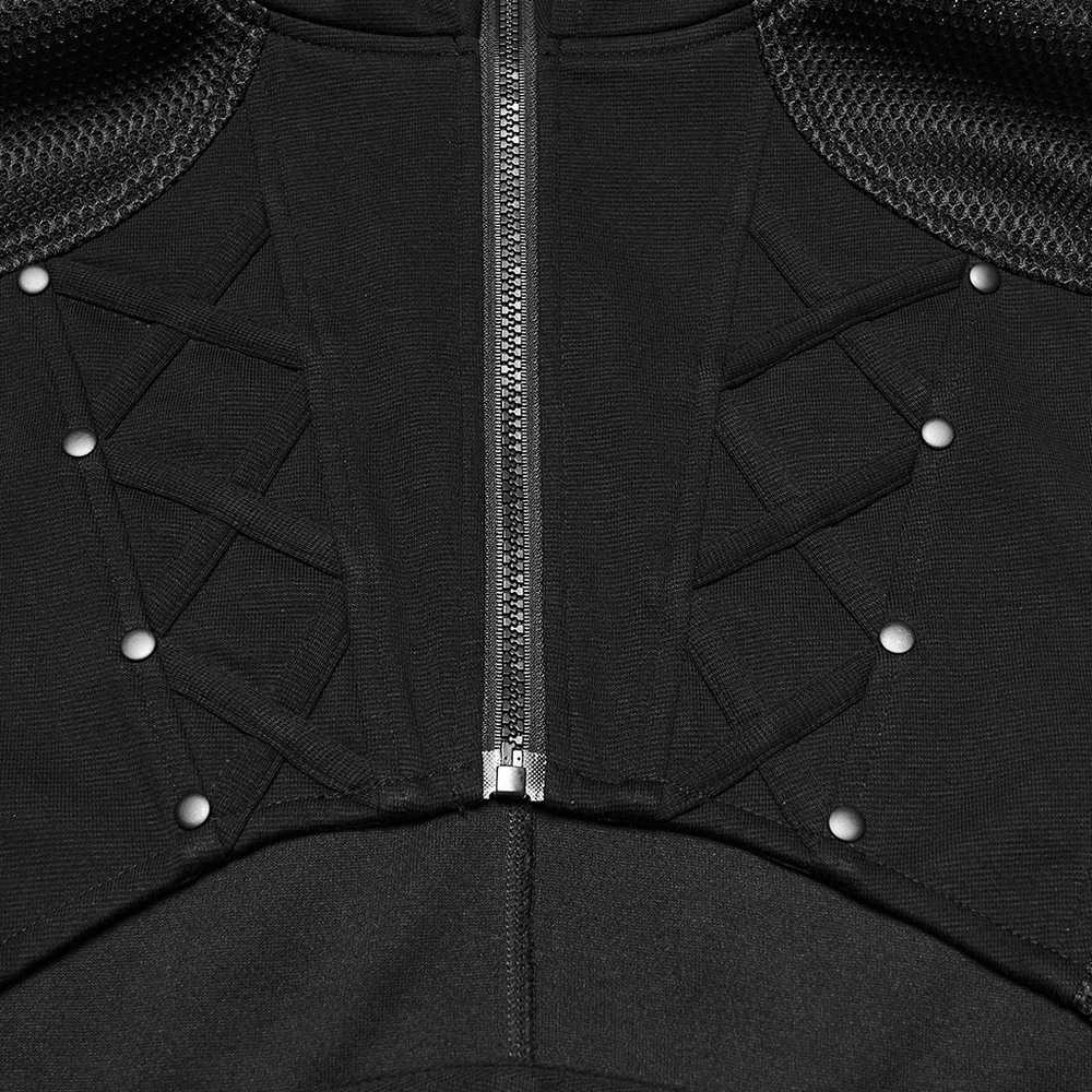 Close-up of Men's Cyberpunk Hooded Mesh Vest with Spliced Panels showing zipper and layered design.
