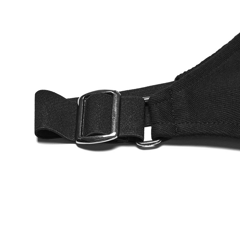 Men's Cyberpunk Hooded Mesh Vest with Spliced Panels adjustable buckle detail for a secure fit.