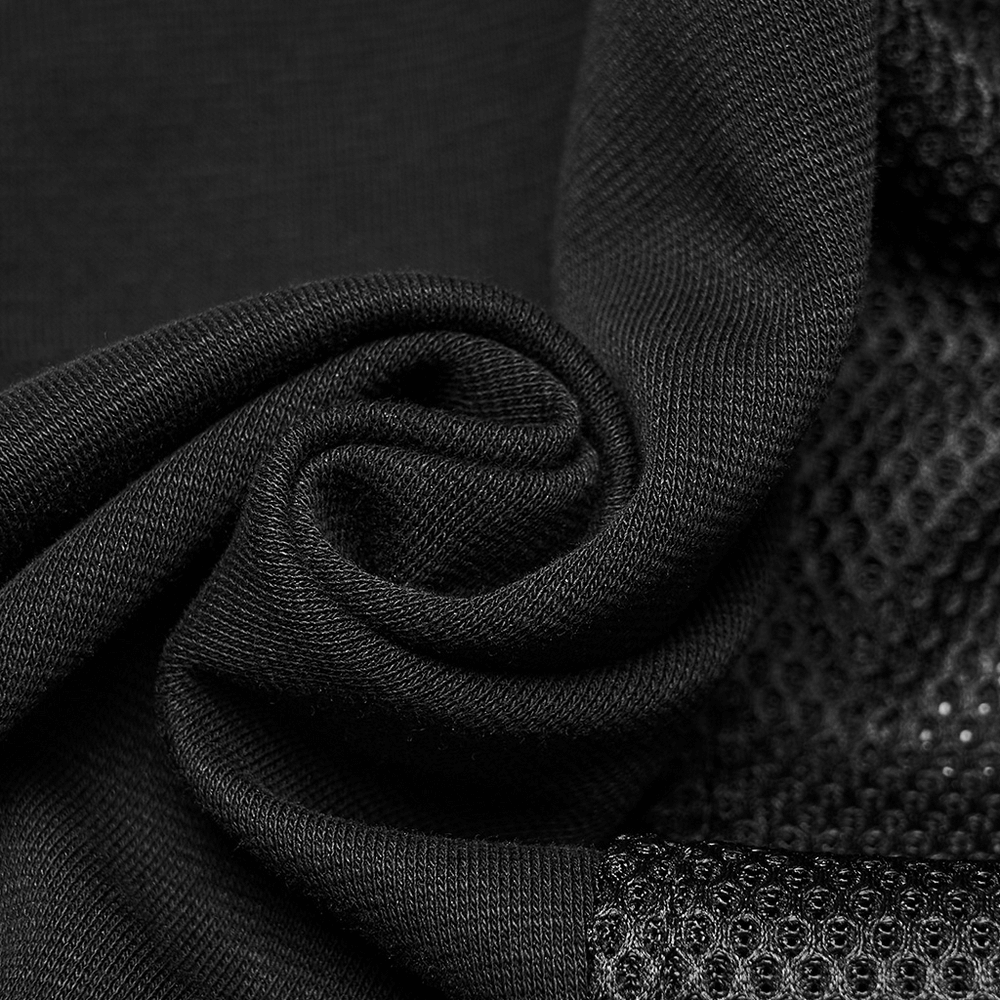 Men's Cyberpunk Hooded Mesh Vest with Spliced Panels showcasing black elastic and mesh fabric detailing.