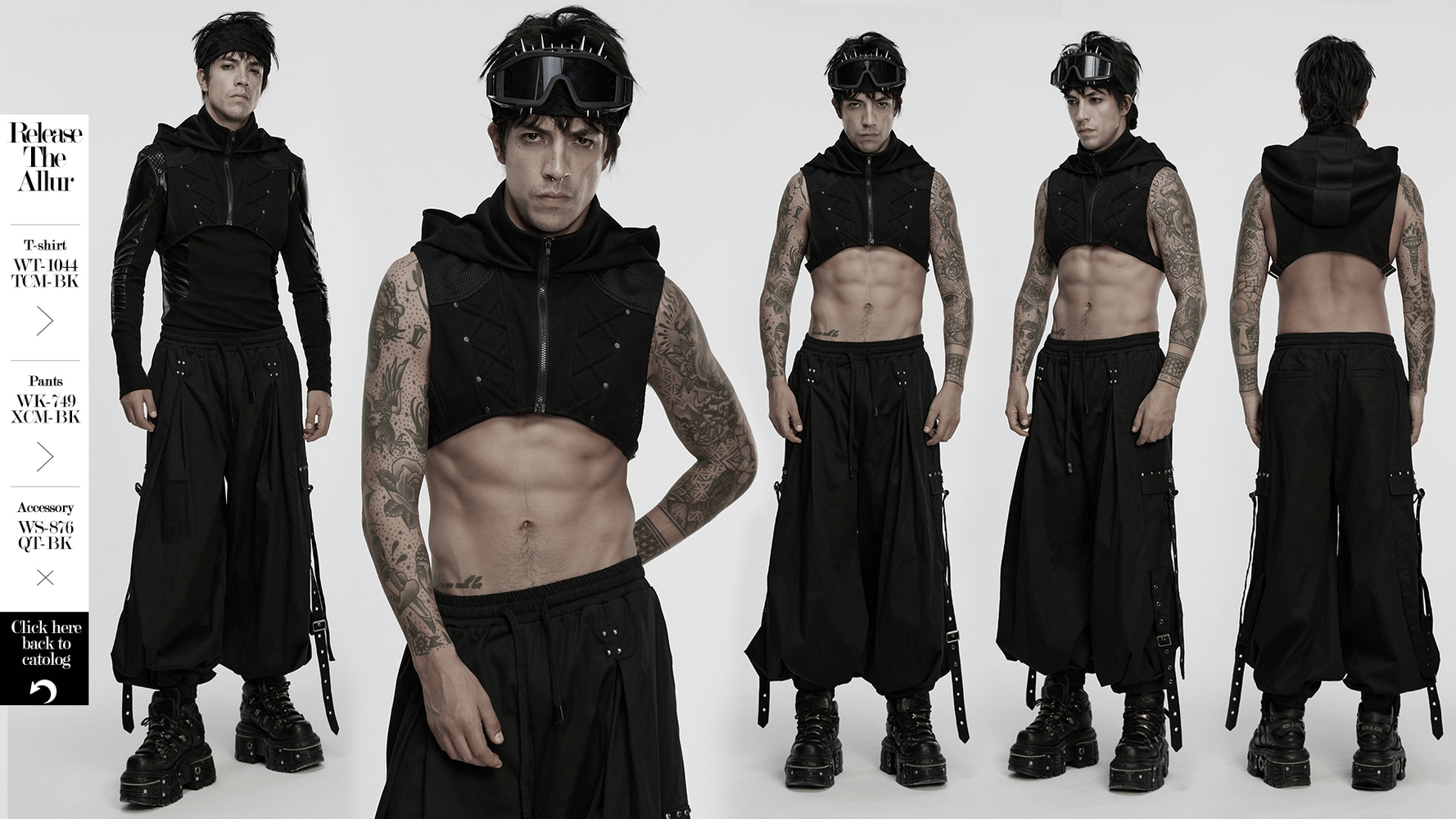 Men's Cyberpunk Hooded Mesh Vest with Spliced Panels showcased in a stylish model outfit, emphasizing modern design and futuristic vibe.