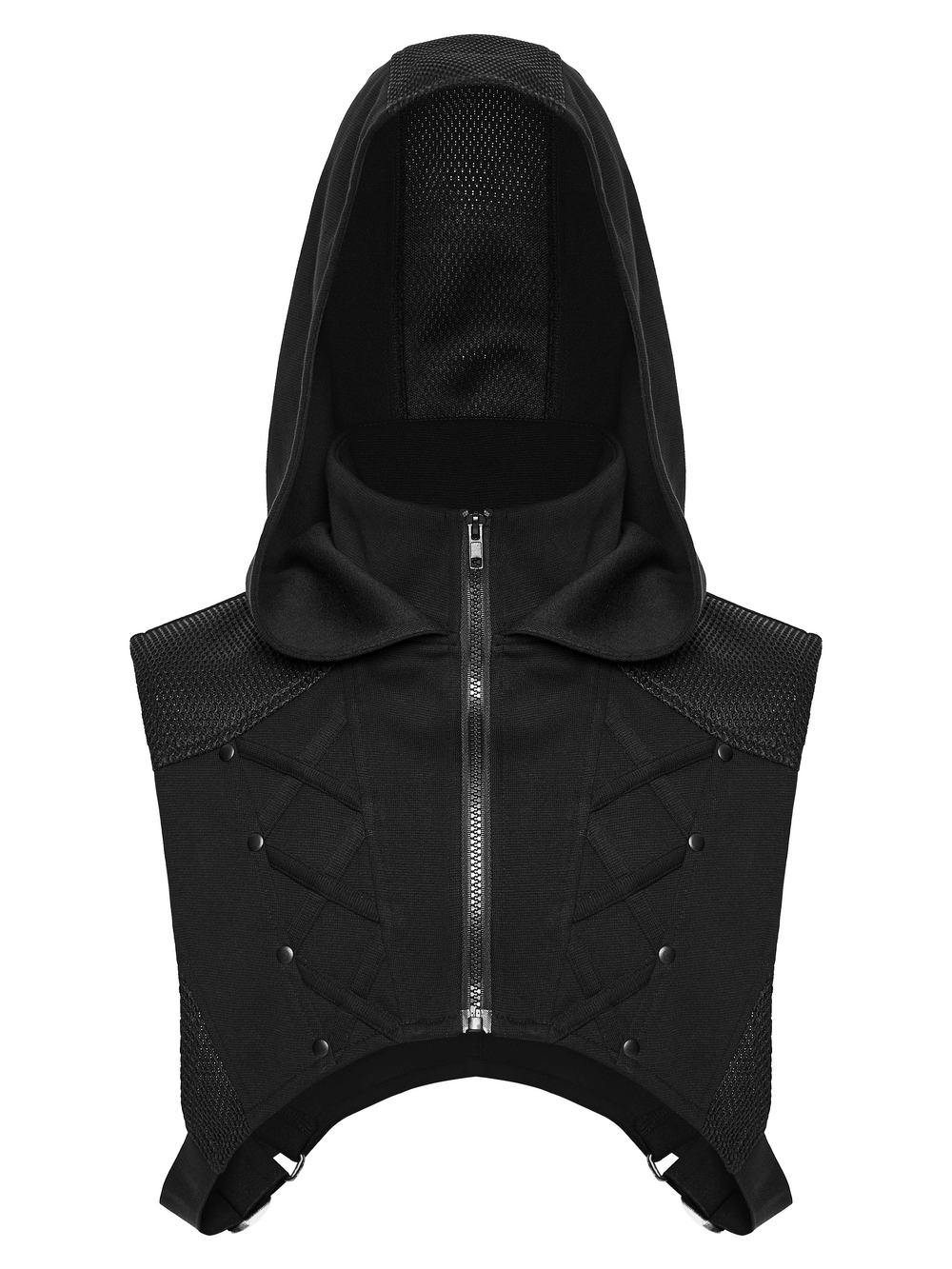 Men's Cyberpunk Hooded Mesh Vest with Spliced Panels showcasing modern design and layered texture.