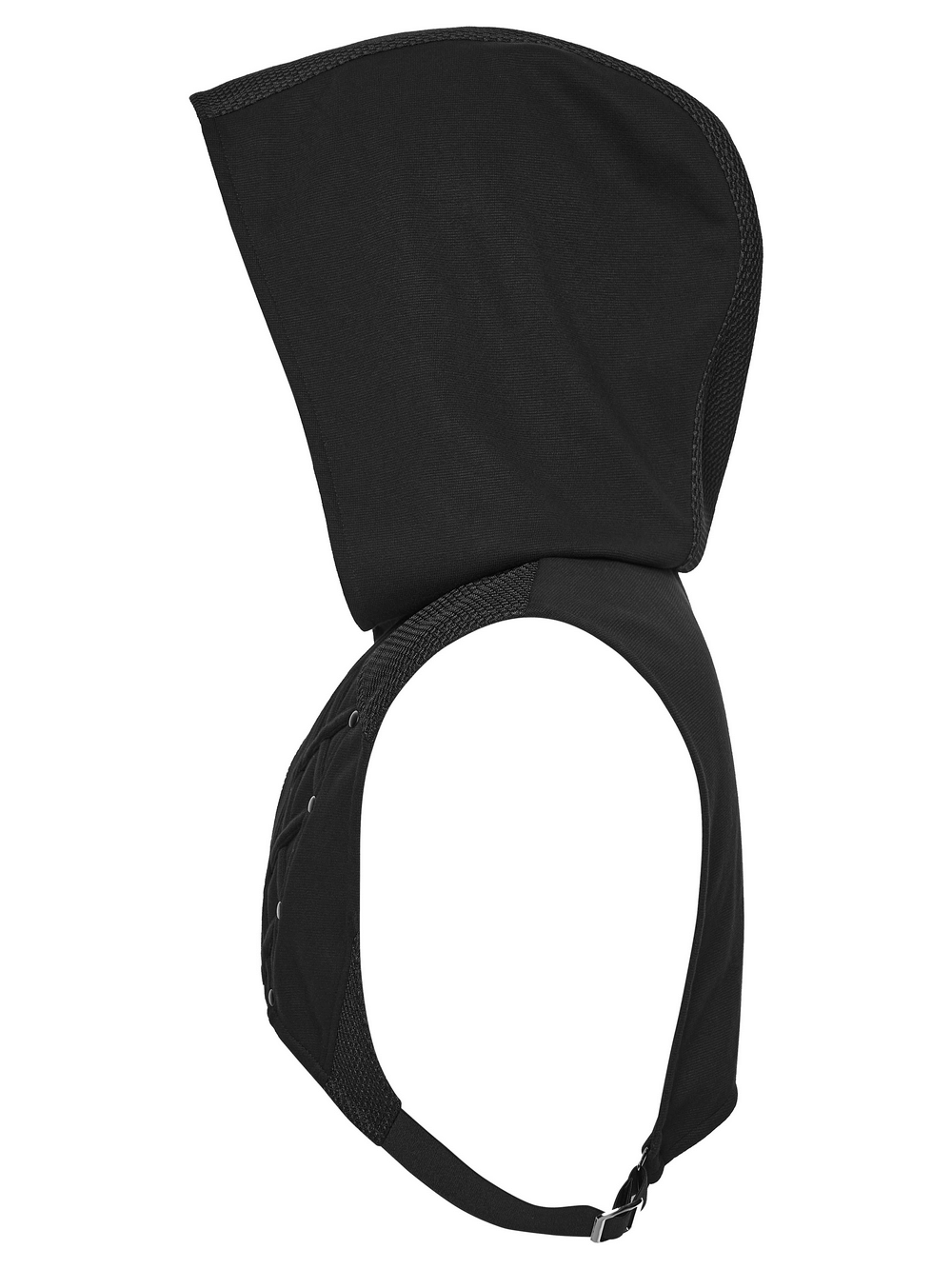 Men's Cyberpunk Hooded Mesh Vest with Spliced Panels side view showcasing the hood and adjustable features.