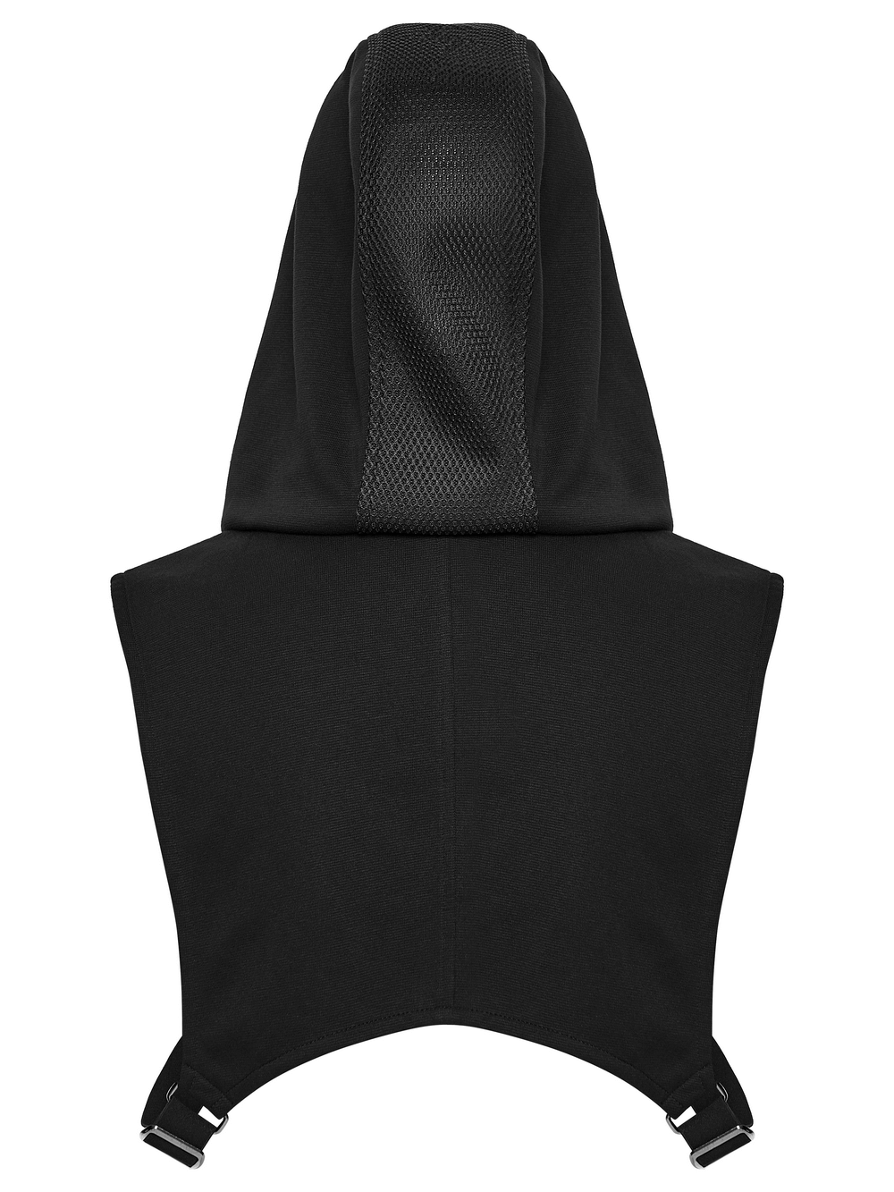 Men's Cyberpunk Hooded Mesh Vest with Spliced Panels back view showcasing the unique hood design and adjustable straps.