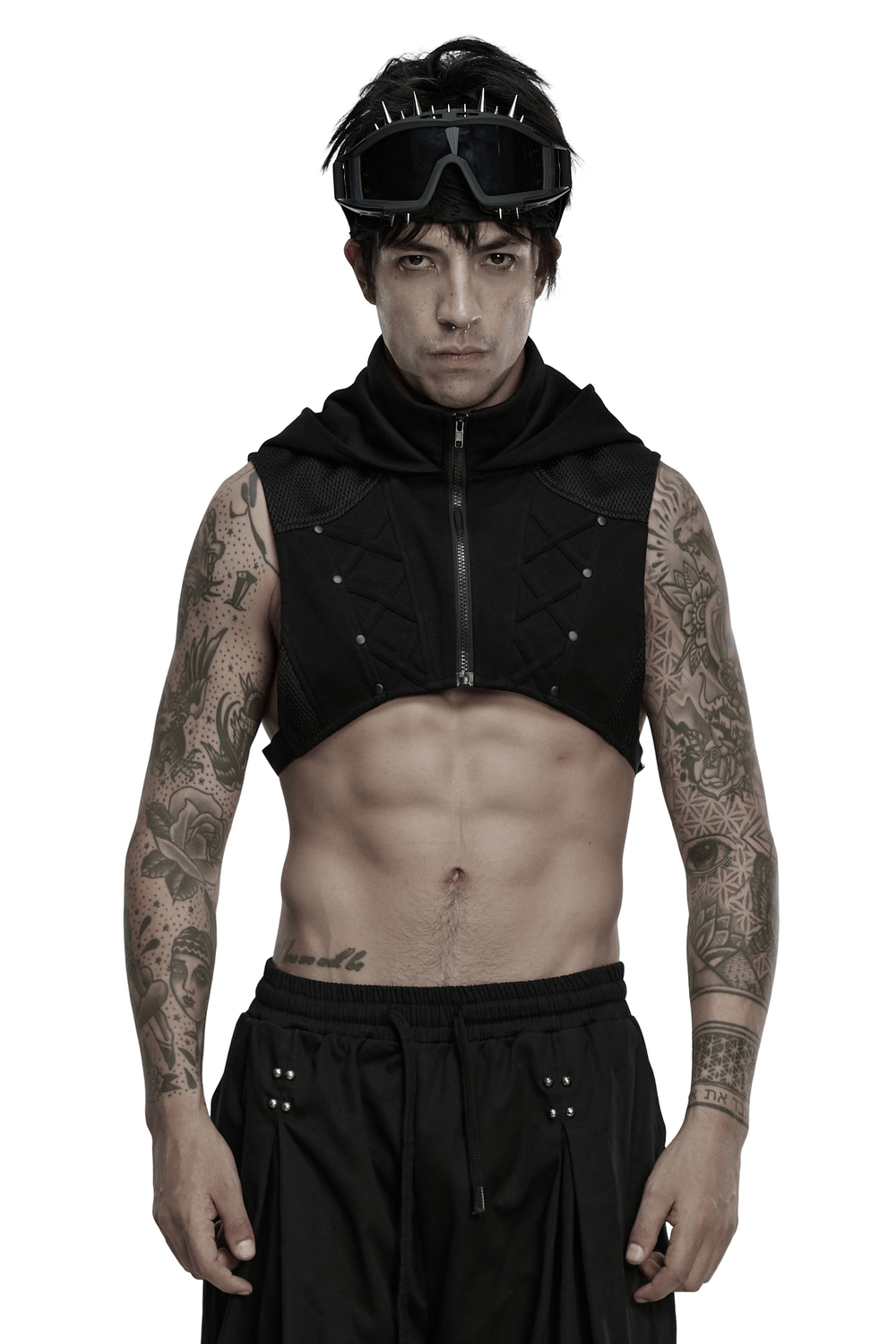 Men's Cyberpunk Hooded Mesh Vest with Spliced Panels worn by a model showcasing a futuristic look.