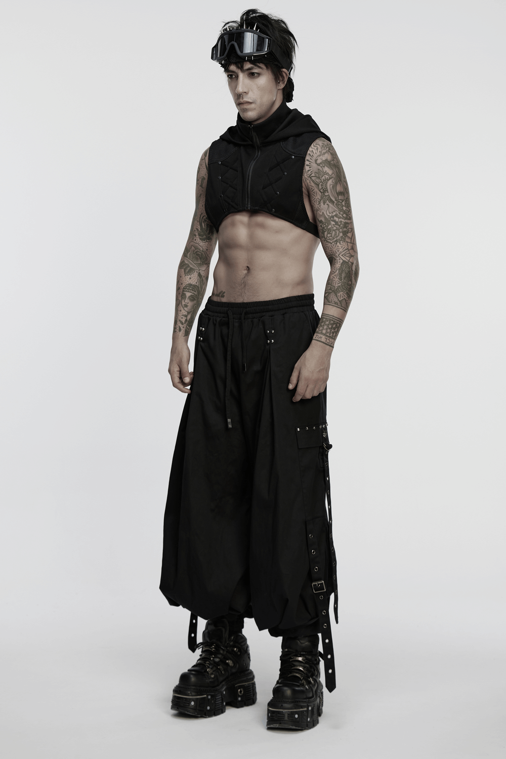 Men's Cyberpunk Hooded Mesh Vest with Spliced Panels, showcasing a modern, layered, futuristic design.
