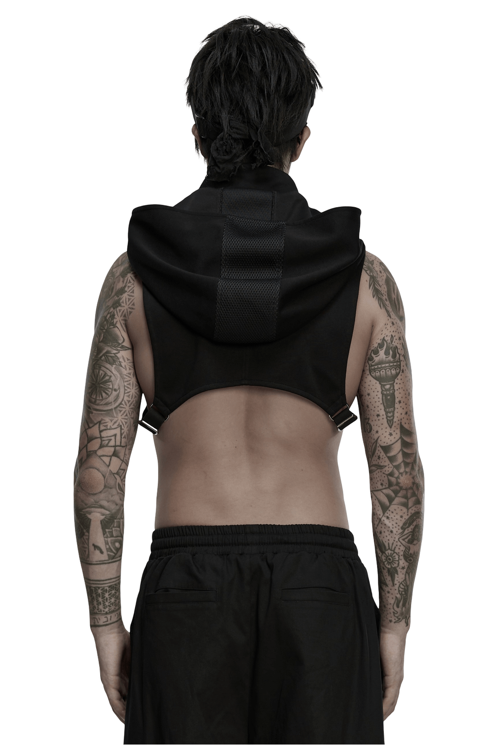 Men's Cyberpunk Hooded Mesh Vest with Spliced Panels showcasing a stylish back view and modern design.