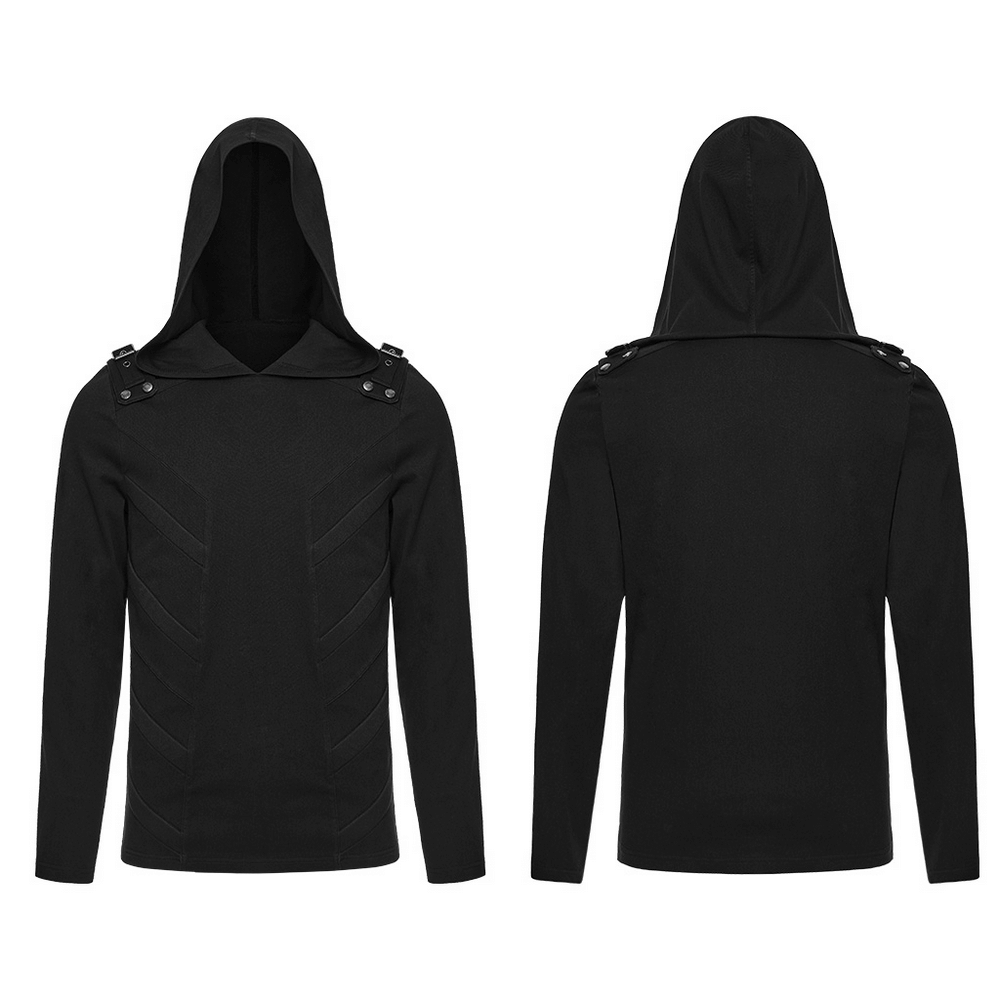 Men's Cyberpunk Hooded Top with 3D Panel Design showcasing front and back view, featuring stylish hood and shoulder straps.