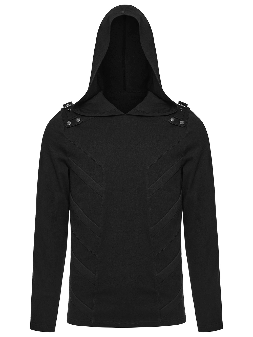 Men's Cyberpunk Hooded Top with 3D Panel Design featuring shoulder straps and a sleek hooded silhouette.