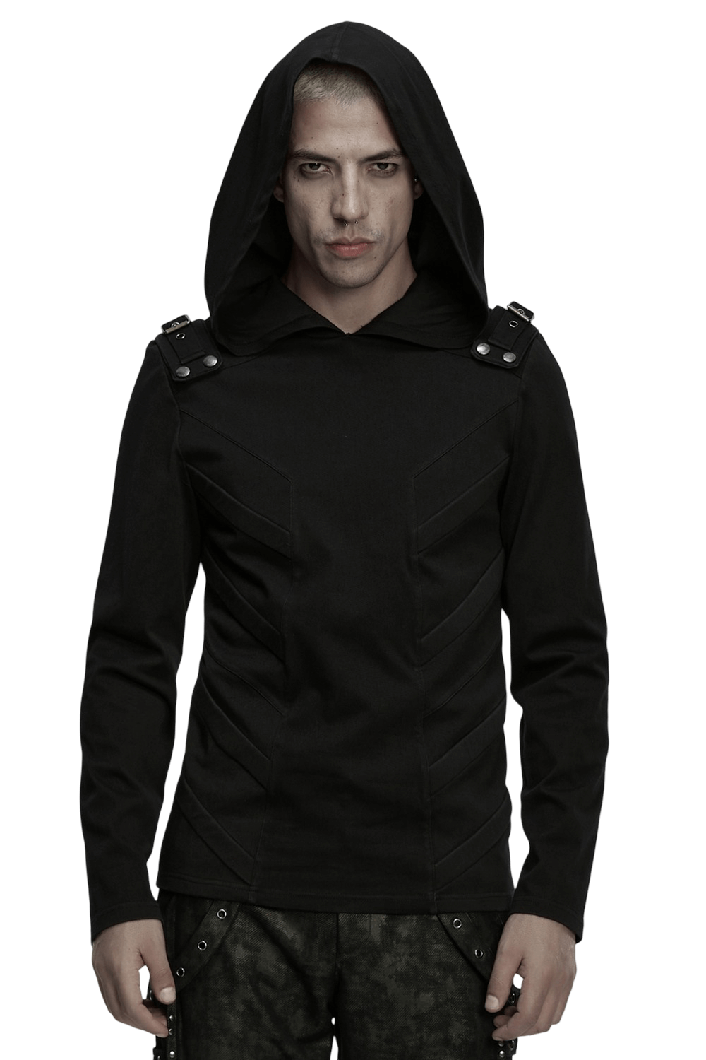 Men's Cyberpunk Hooded Top with 3D Panel Design showcasing denim-like fabric and avant-garde shoulder straps.