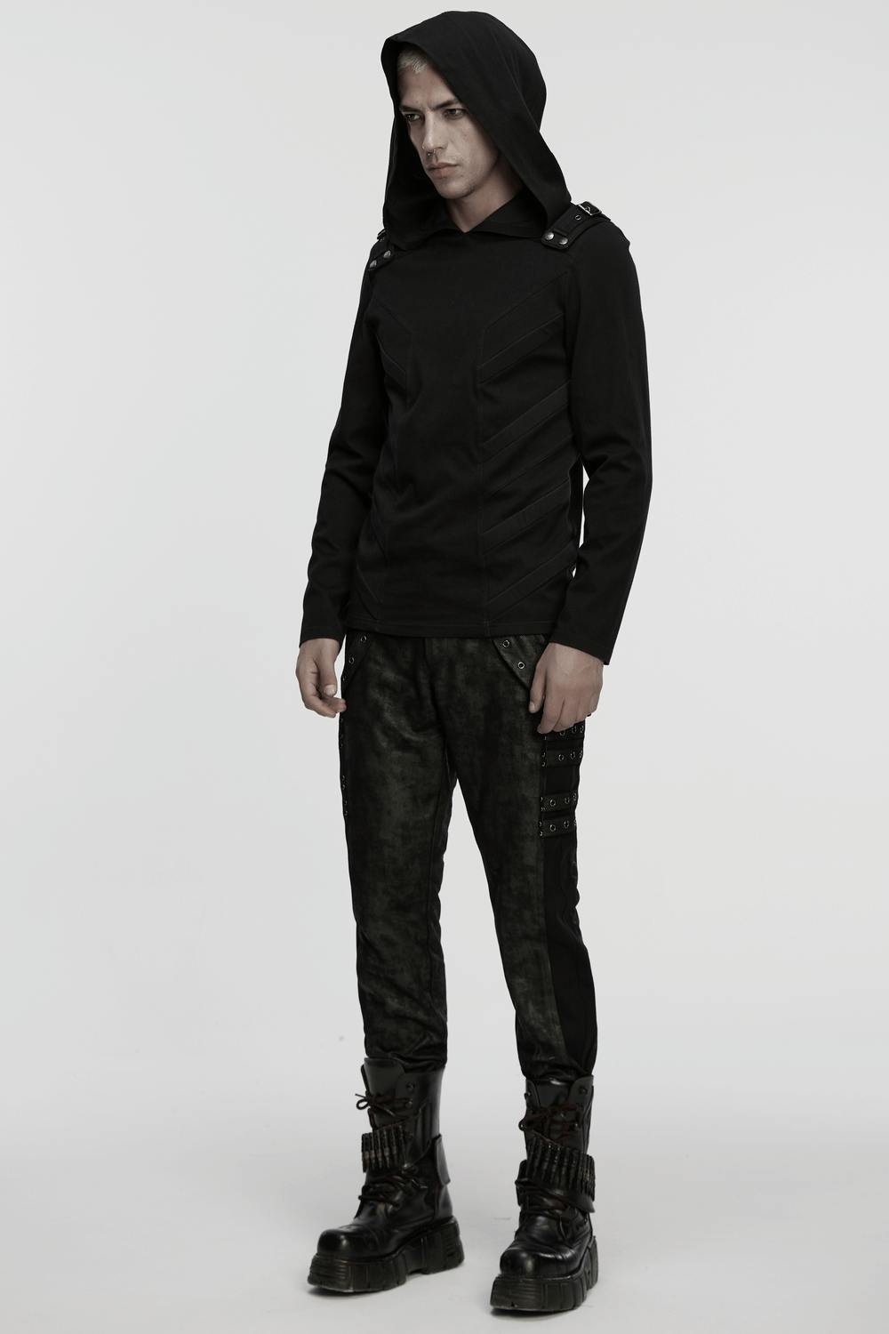 Men's Cyberpunk Hooded Top with 3D Panel Design worn by model in dark urban setting.