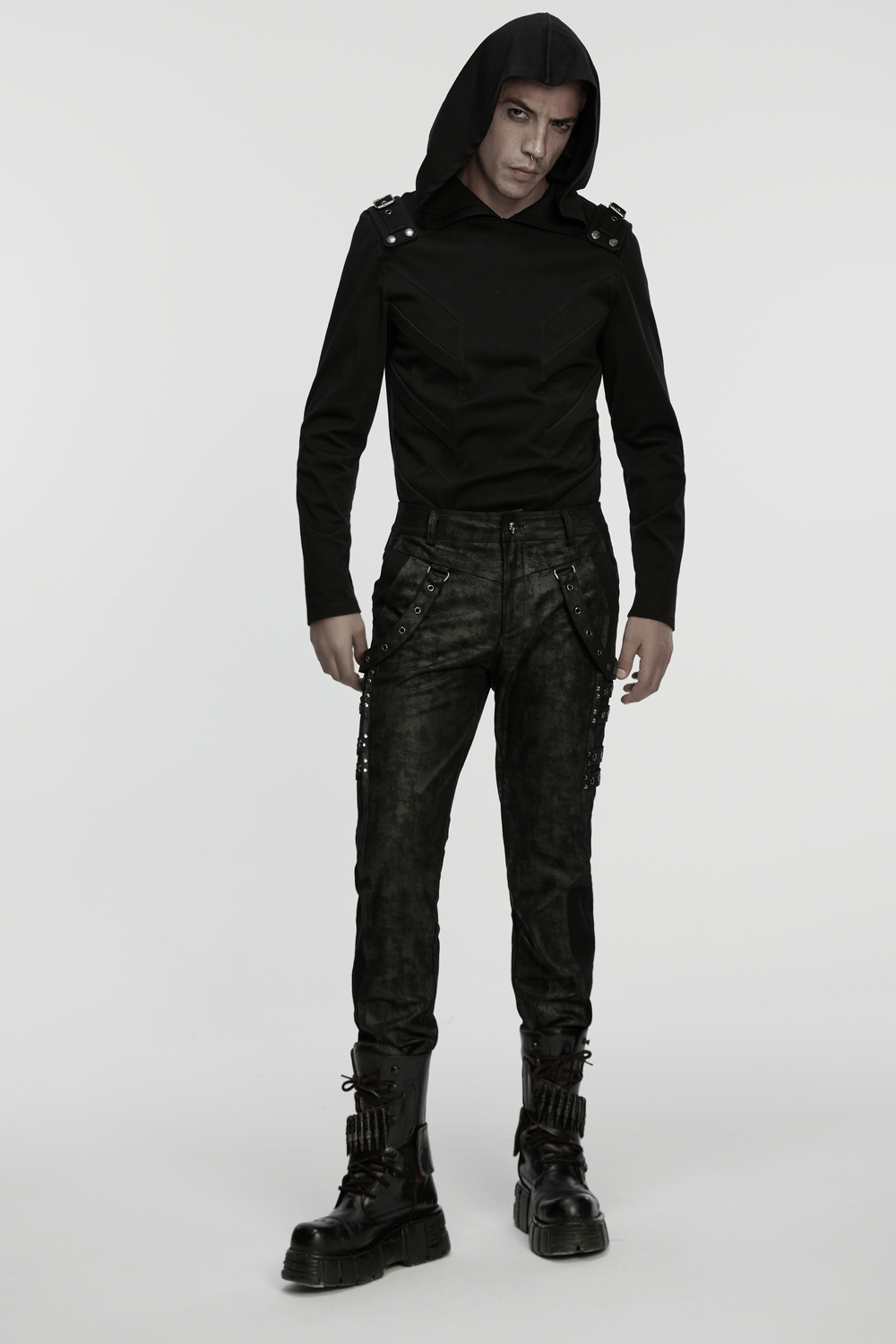 Men's Cyberpunk Hooded Top with 3D Panel Design worn by model featuring unique shoulder straps and edgy urban style.