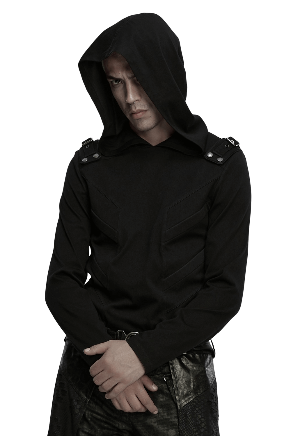 Men's Cyberpunk Hooded Top with 3D Panel Design in black, featuring a hood and shoulder straps for an edgy style.