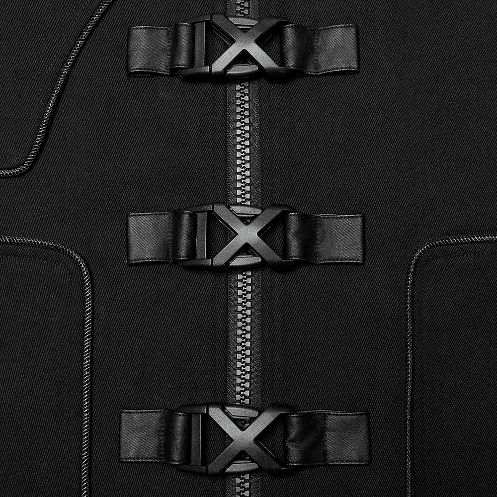 Close-up of Men's Cyberpunk Jacket showcasing stylish buckles and zippered pockets for a bold look.