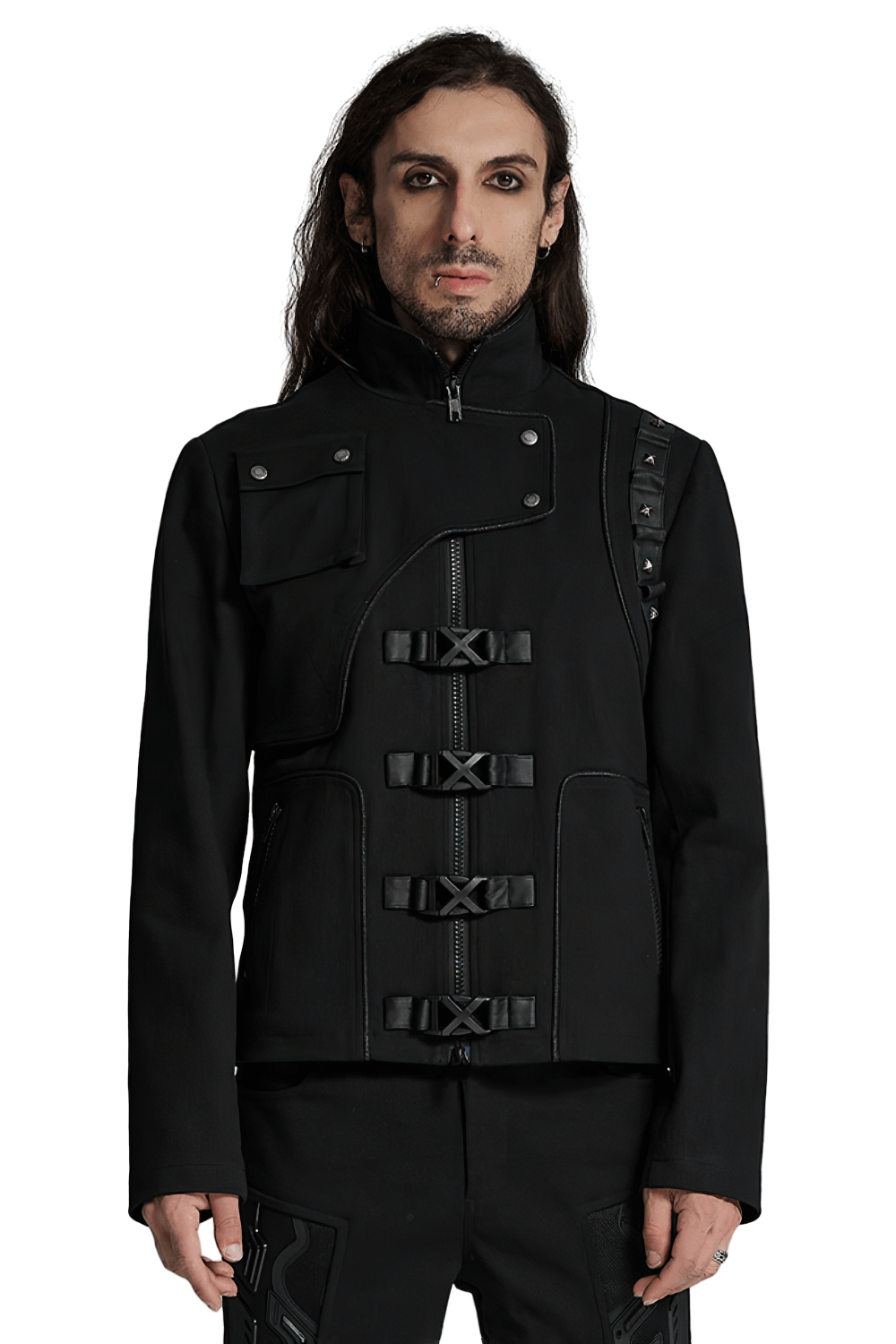 Men's cyberpunk jacket with buckles, rivets, and zippered pockets for a stylish, edgy look.