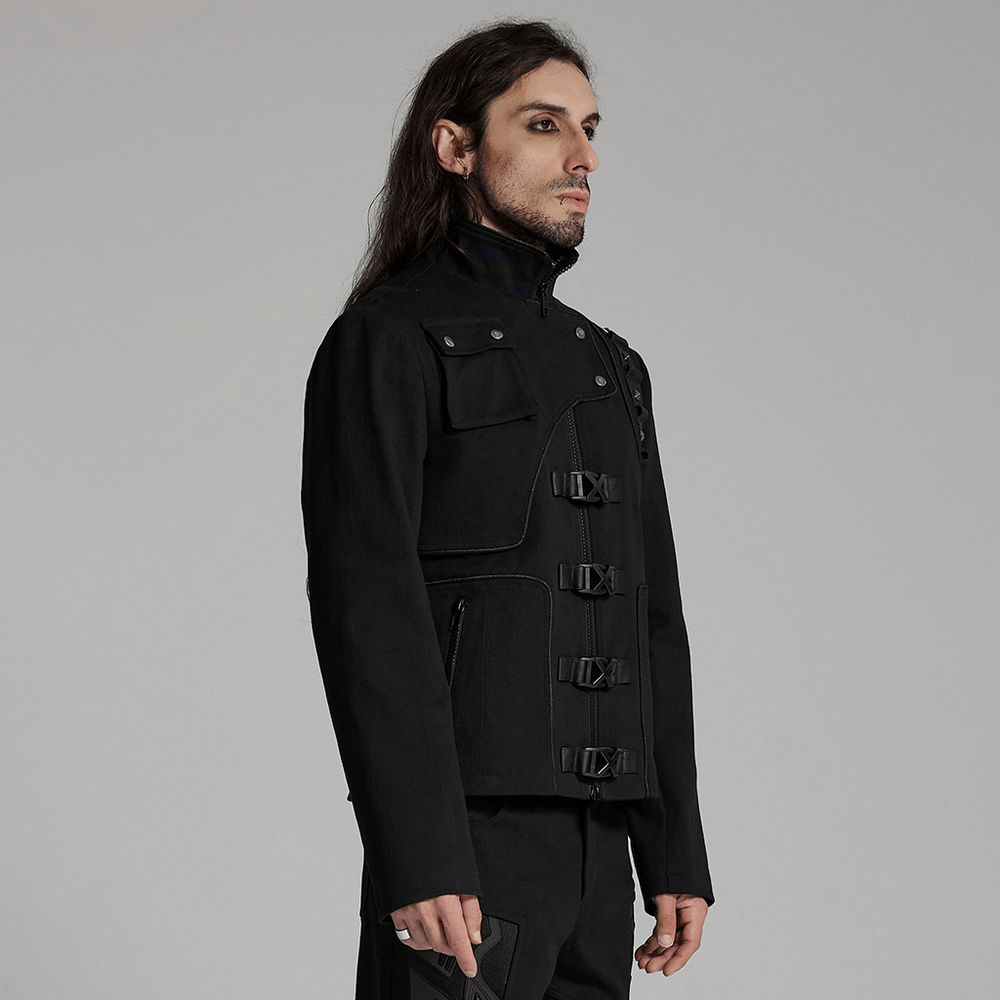 Men's cyberpunk jacket with buckles, rivet detailing, and zippered pockets, showcasing a bold, deconstructed style.