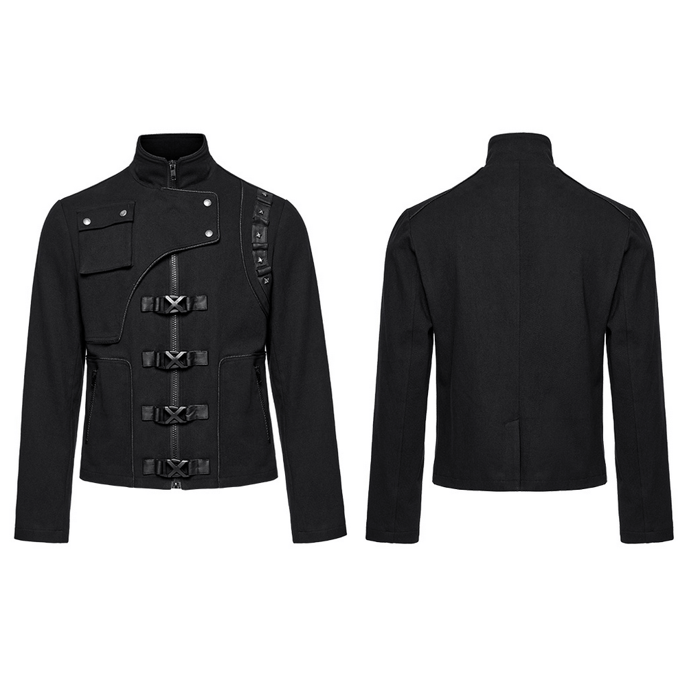 Men's cyberpunk jacket featuring front buckles, rivet detailing, and zippered pockets in sleek black design.