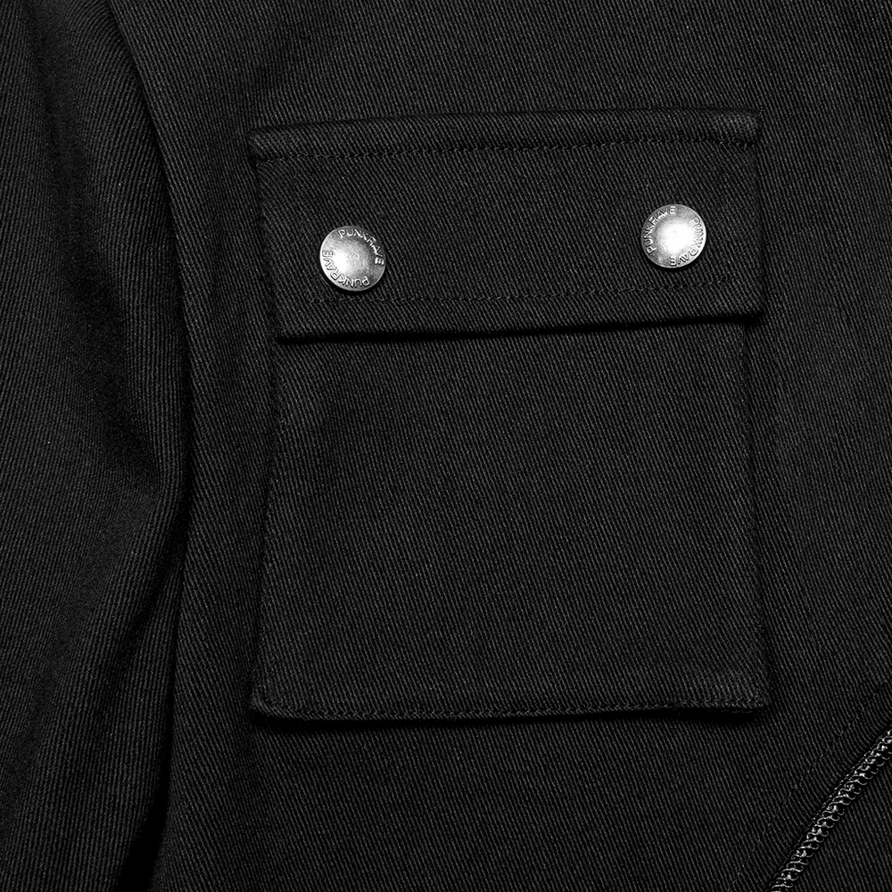 Close-up of men's cyberpunk jacket pocket showcasing stylish rivet details and durable stretch twill fabric.