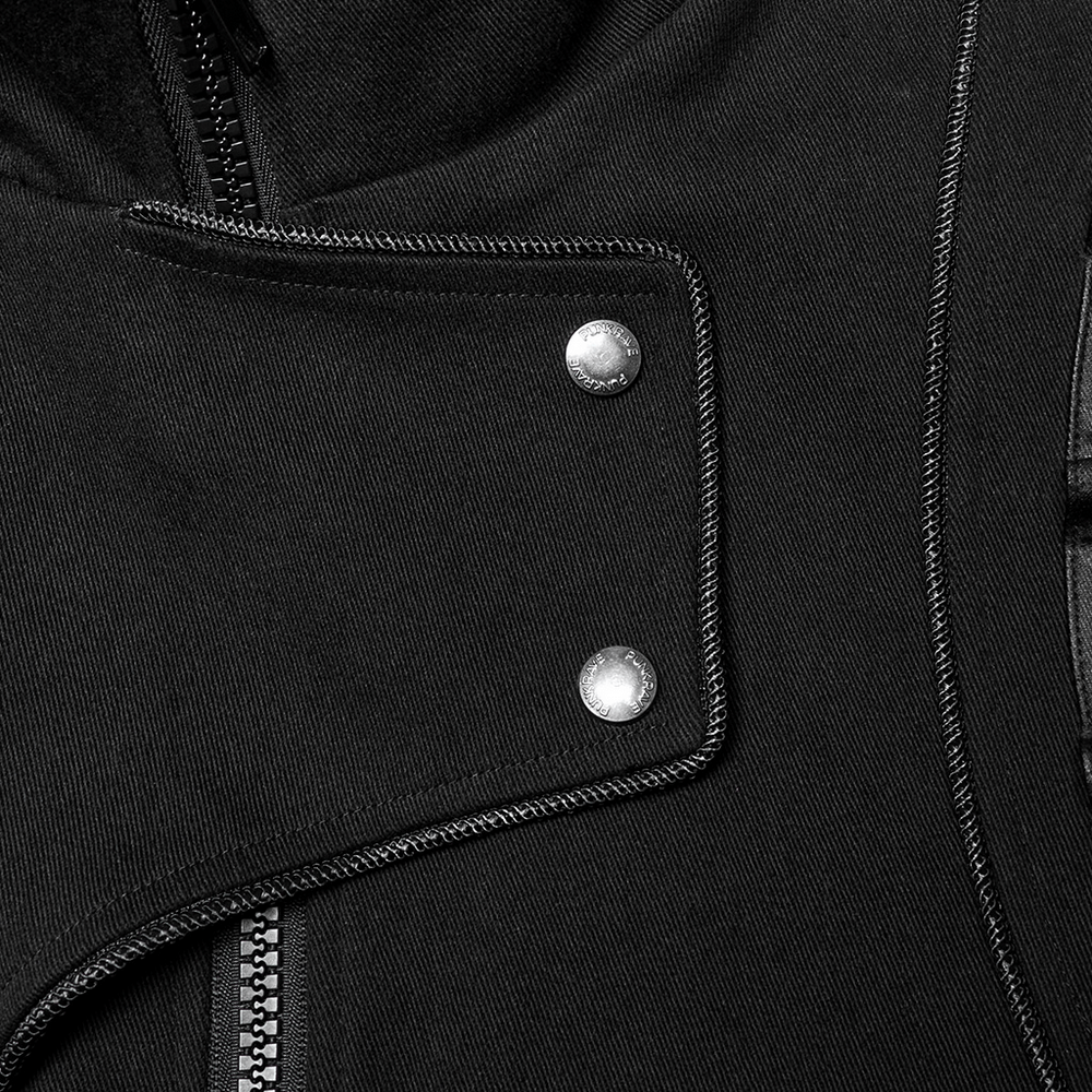 Close-up of a deconstructed men's cyberpunk jacket showing stylish buckles and zipper detail.