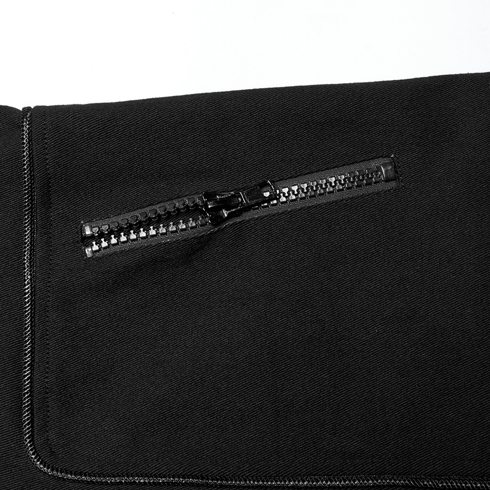 Close-up of zippered pocket on a men's cyberpunk jacket, showcasing stylish and functional design.