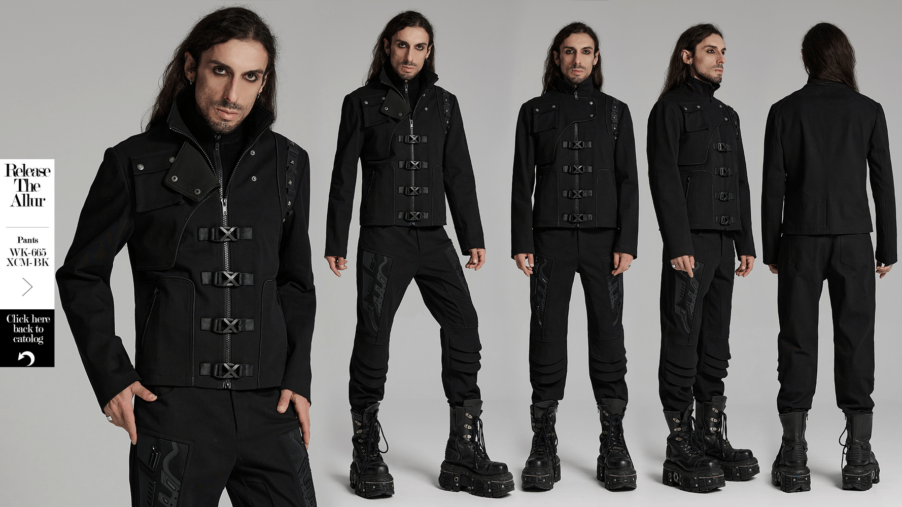 Men's Cyberpunk Jacket with buckles and rivets, showcasing a deconstructed style and zippered pockets.