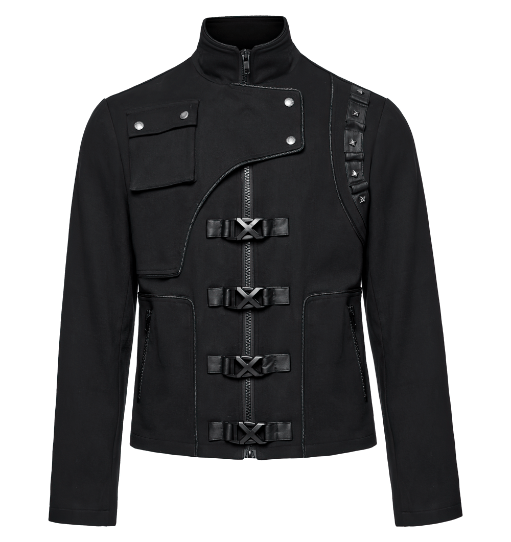 Men's black cyberpunk jacket with buckles, rivet detailing, and zippered pockets for a bold, stylish look.