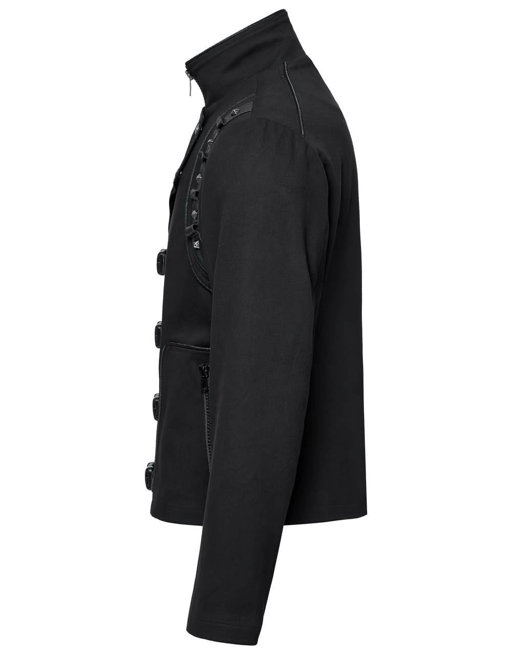 Men's black cyberpunk jacket with buckles, rivets, and zippered pockets in a stylish side view.