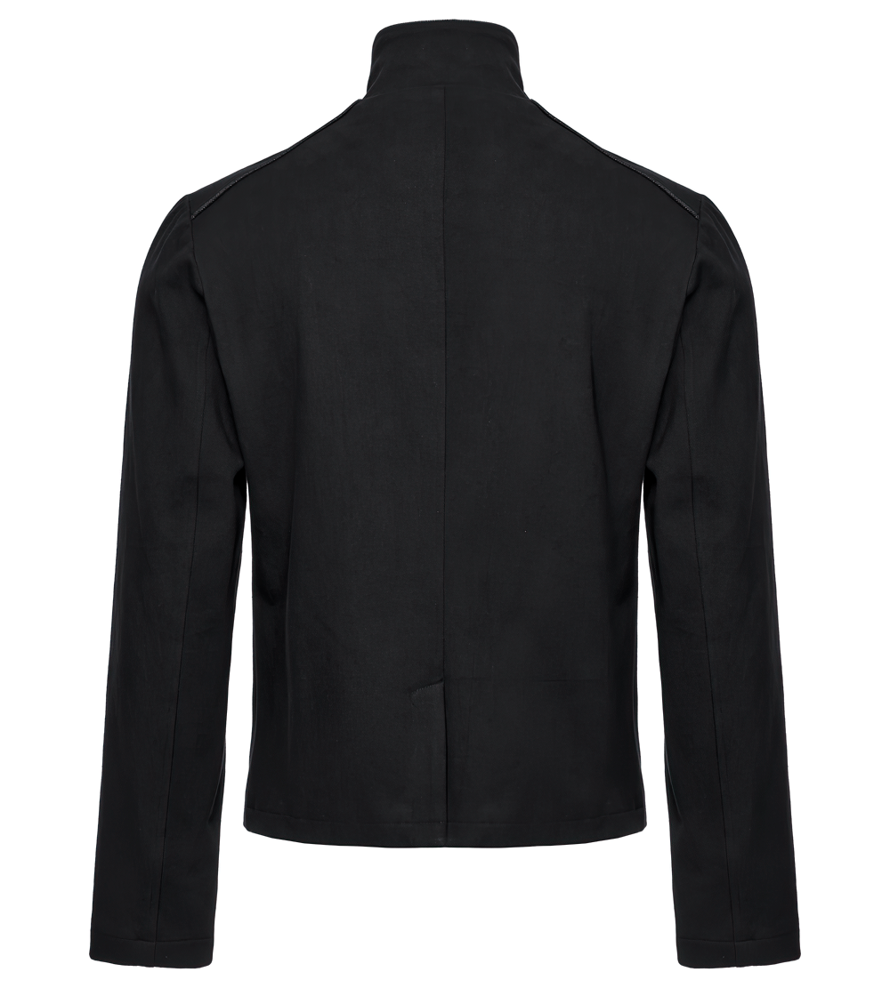 Back view of Men's Cyberpunk Jacket with deconstructed collar and rivet details in black stretch twill denim.