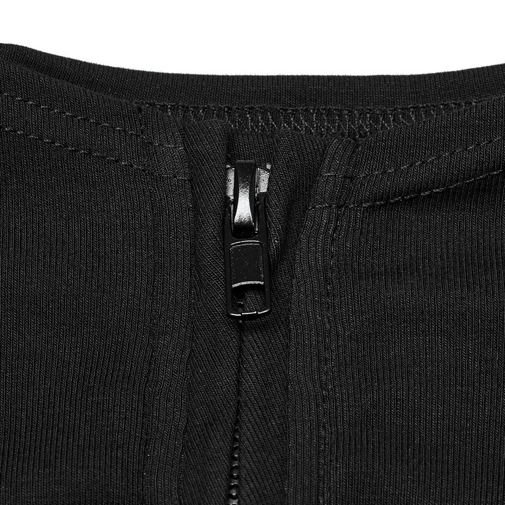 close-up of black zipper detail on cyberpunk sleeveless top featuring elastic fabric and sleek stitching