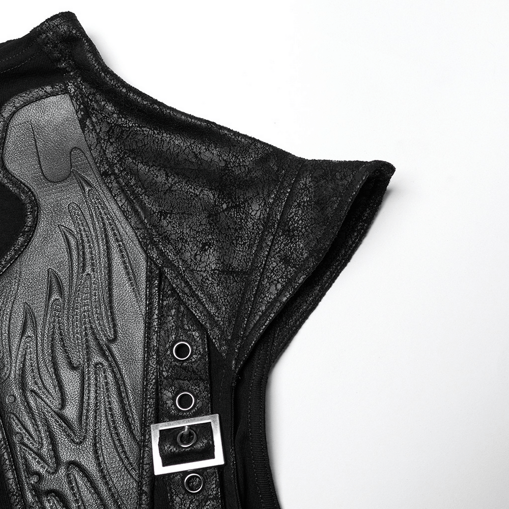 Close-up of a Men's Cyberpunk Sleeveless Top featuring leather armor detail and unique textured design.