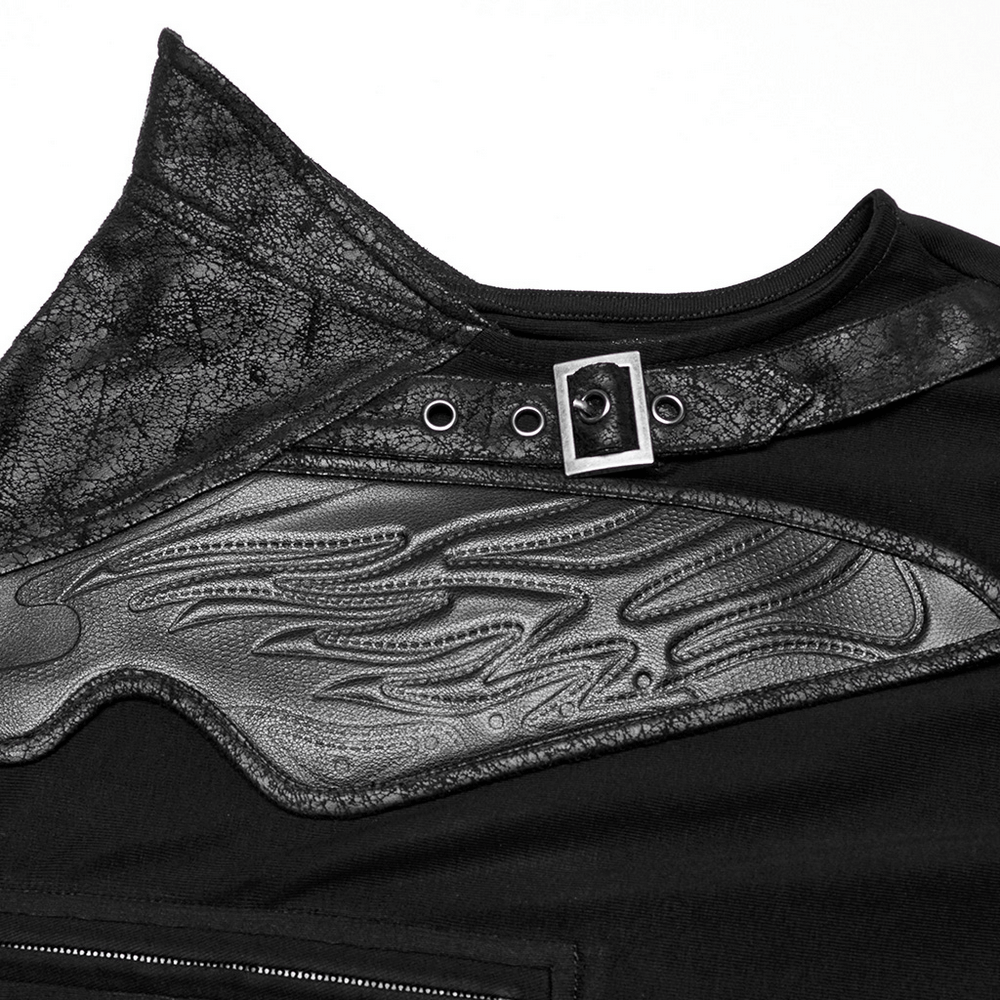 Close-up of men's cyberpunk sleeveless top featuring leather armor details and stylish stand collar design.