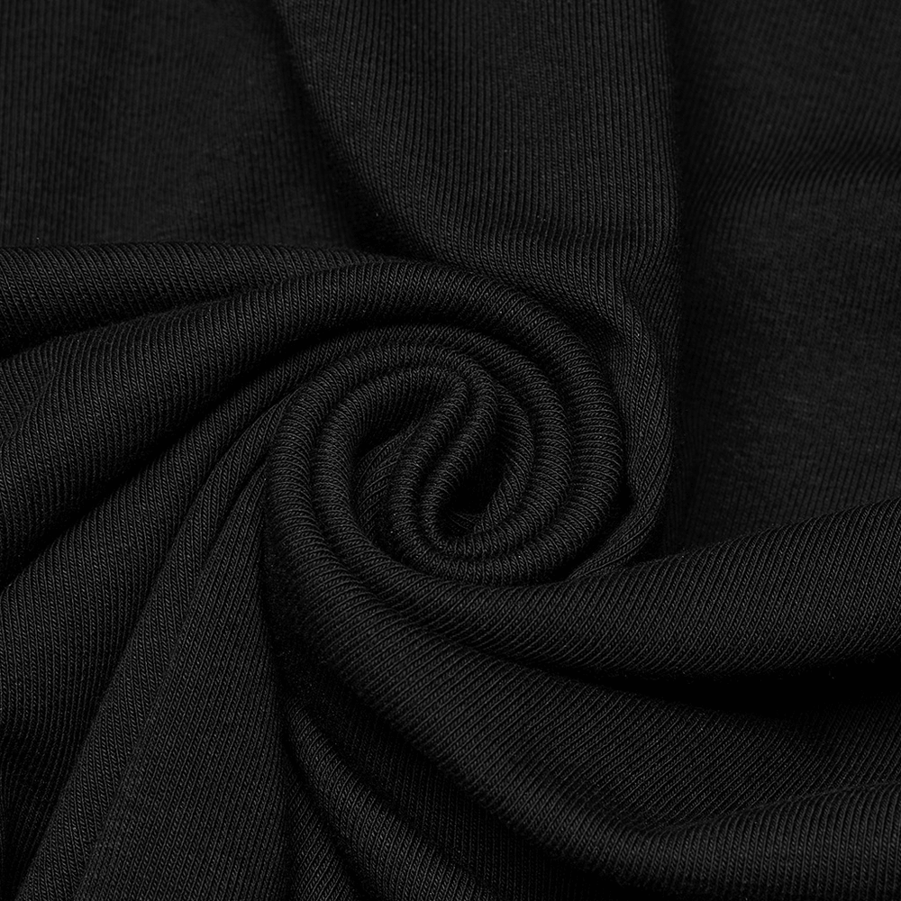 Close-up of soft black fabric showcasing its elastic knitting texture, perfect for a stylish sleeveless top.