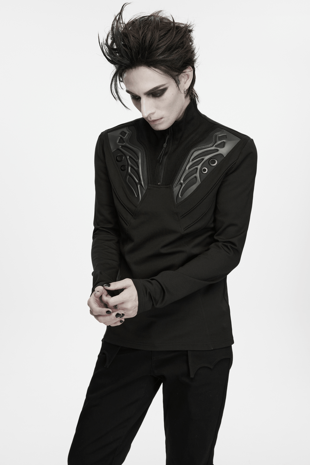 Men's Cyberpunk Techwear High Neck Long-Sleeved Top black futuristic shirt with 3D armor panel details
