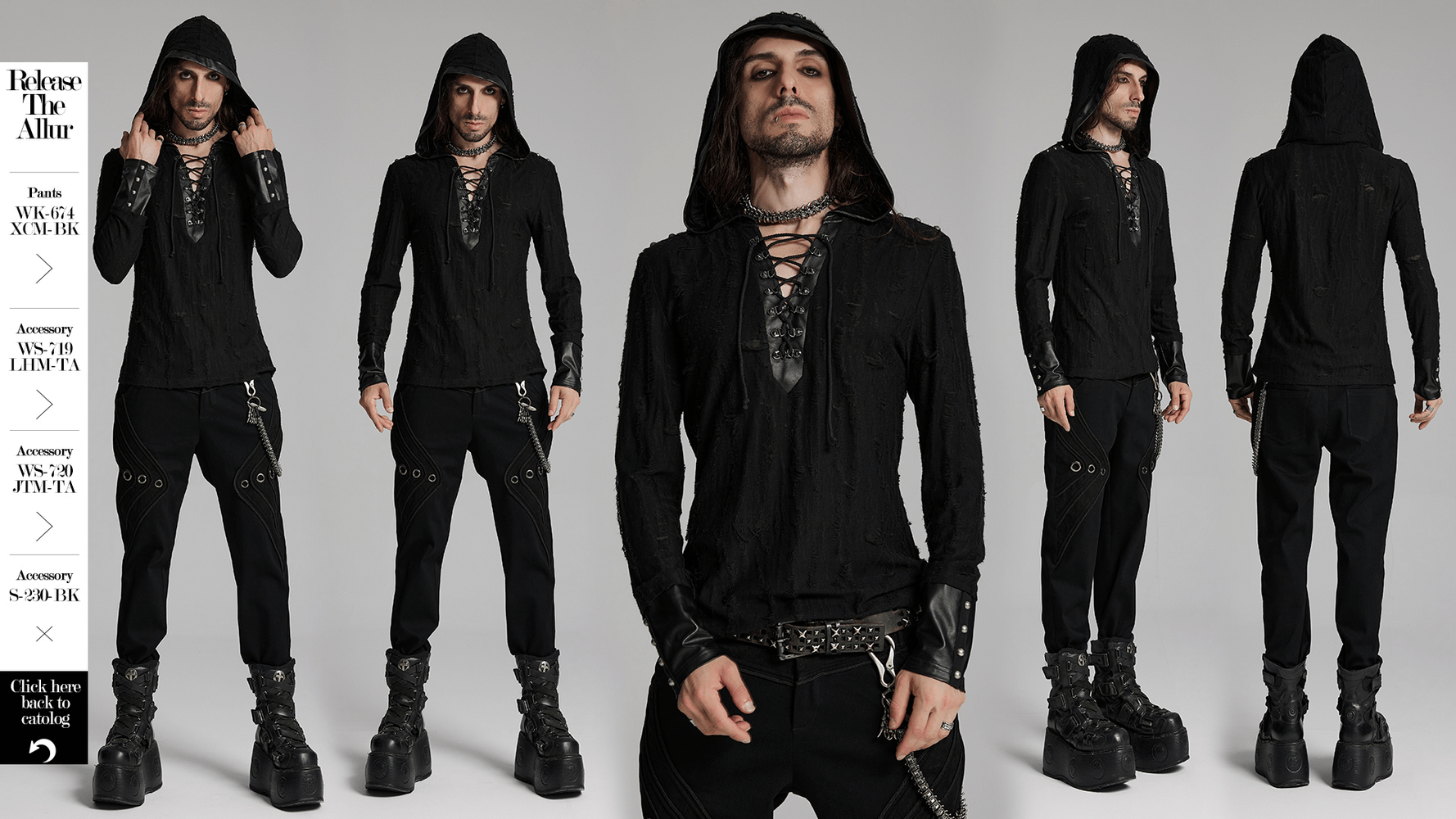 Men's dark gothic hooded top with lace-up and rivet details, showcasing an edgy punk style.