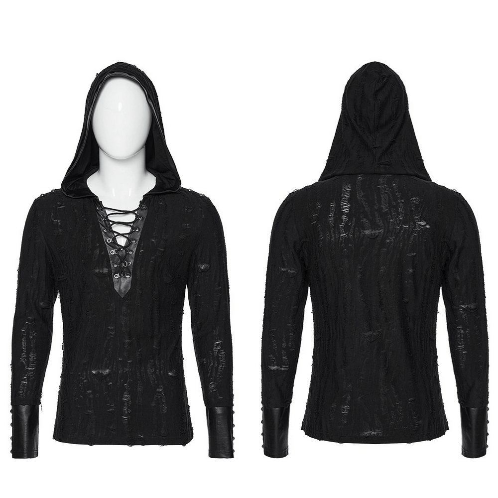 Men's dark gothic hooded top with lace-up front and rivet details, showcasing edgy punk fashion.