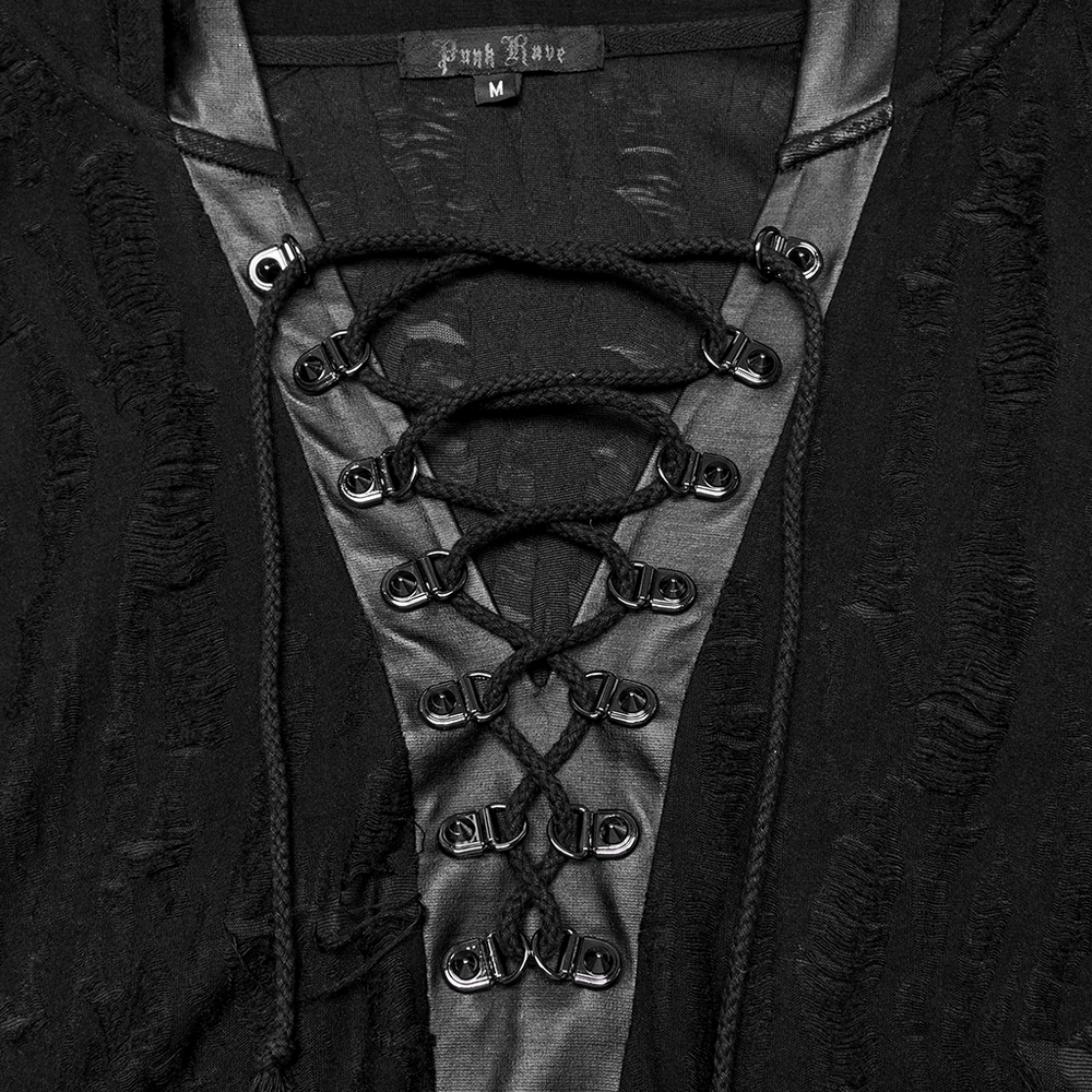 Close-up of a dark gothic hoodie featuring a lace-up V-shaped collar with rivet details and soft textured fabric.