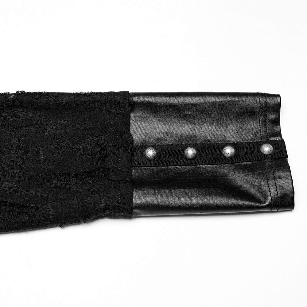 Close-up of the sleeve detail on a men's dark gothic hoodie featuring rivets and a textured black fabric.