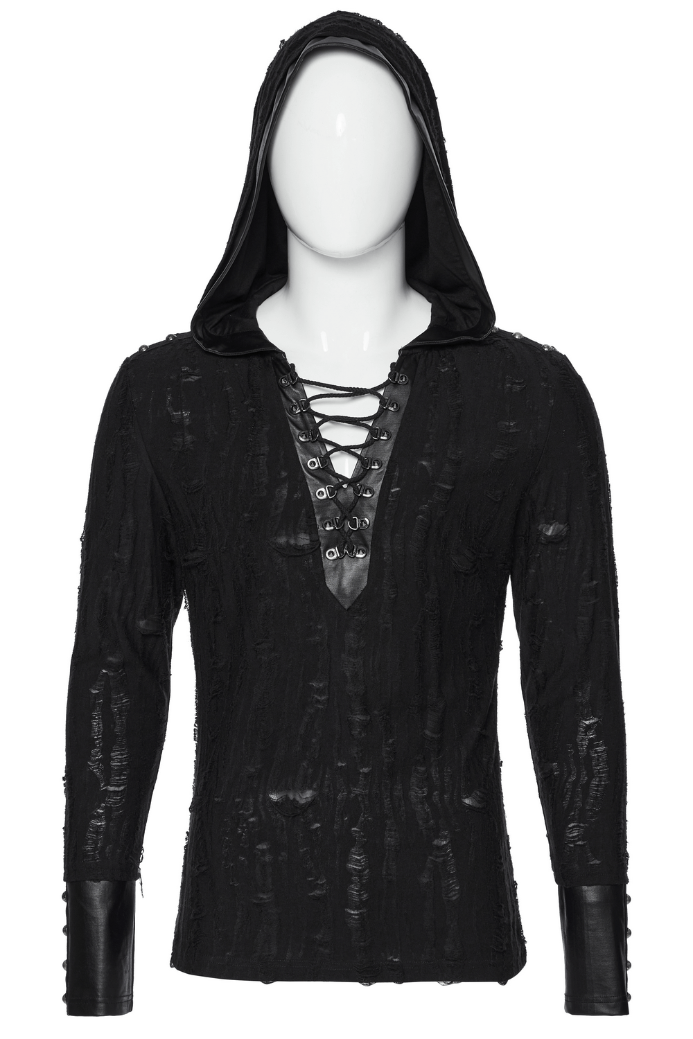 Men's dark gothic hooded top with lace-up and rivet details, perfect for edgy alternative fashion.