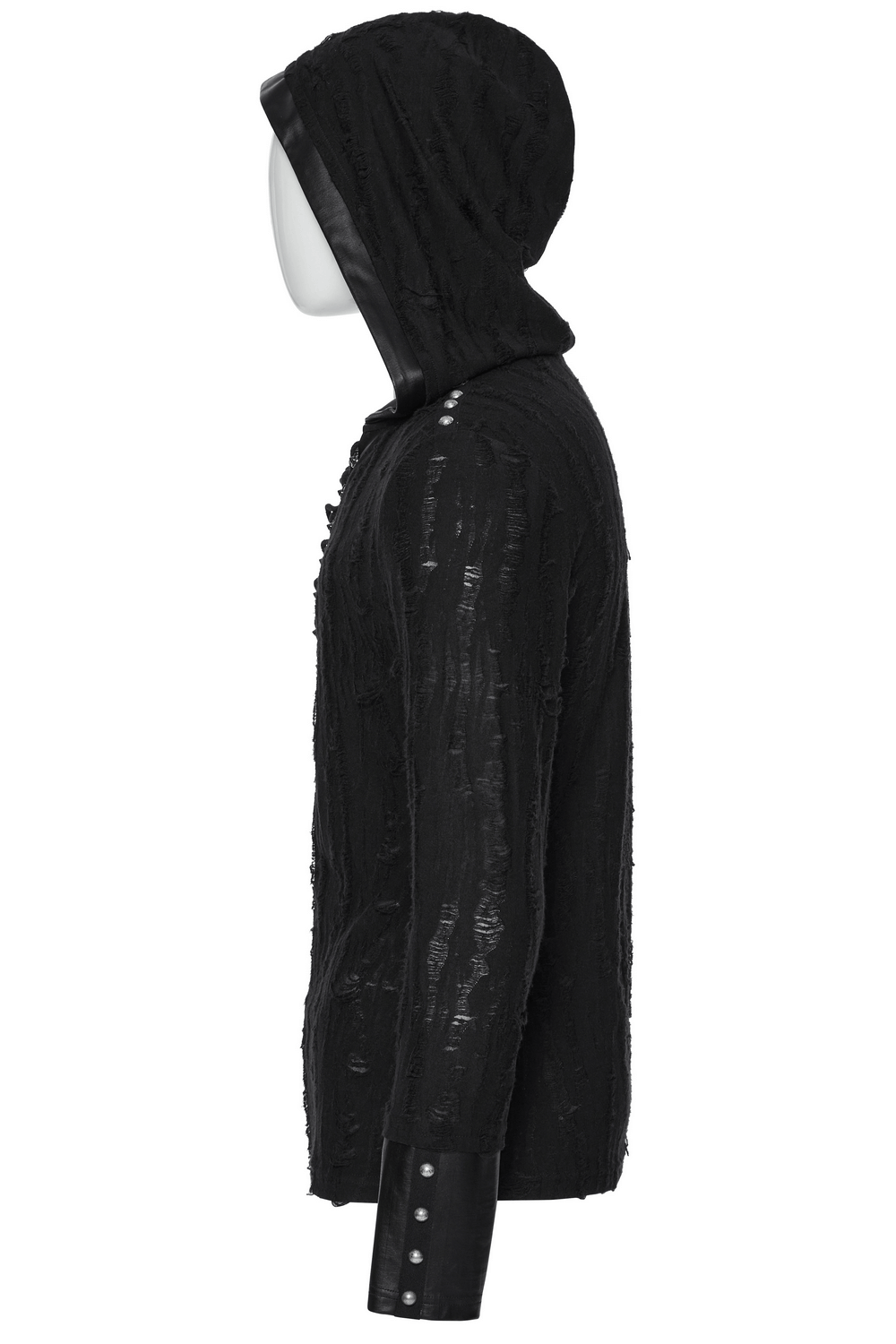 Men's dark gothic hooded top with rivet details, showcasing a side view of the edgy design and texture.